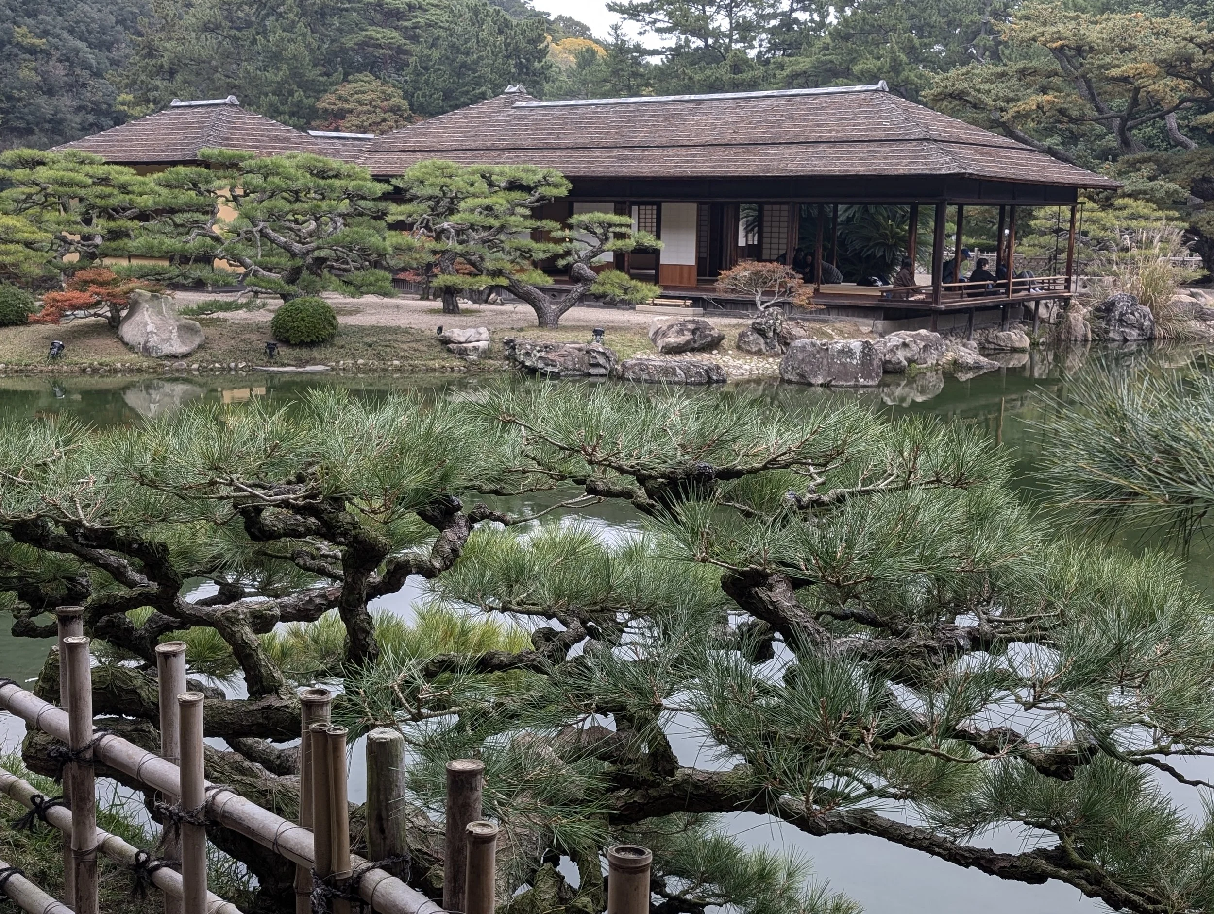 Traditional Japanese building surrounded by trees and rocks, next to a pond with pine trees in the foreground.