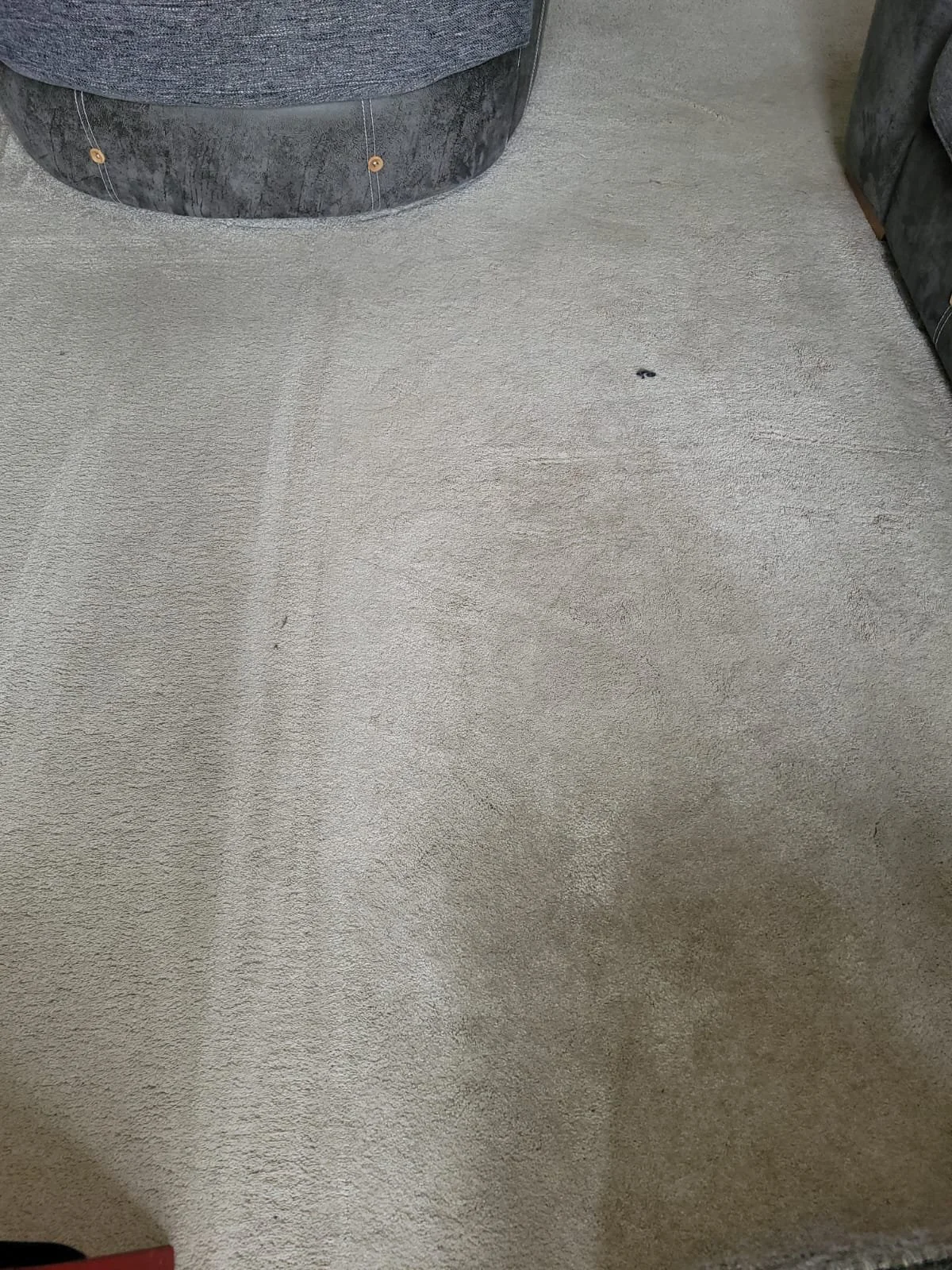 Light-colored carpet with minor stains, surrounded by dark upholstered furniture in a living room.