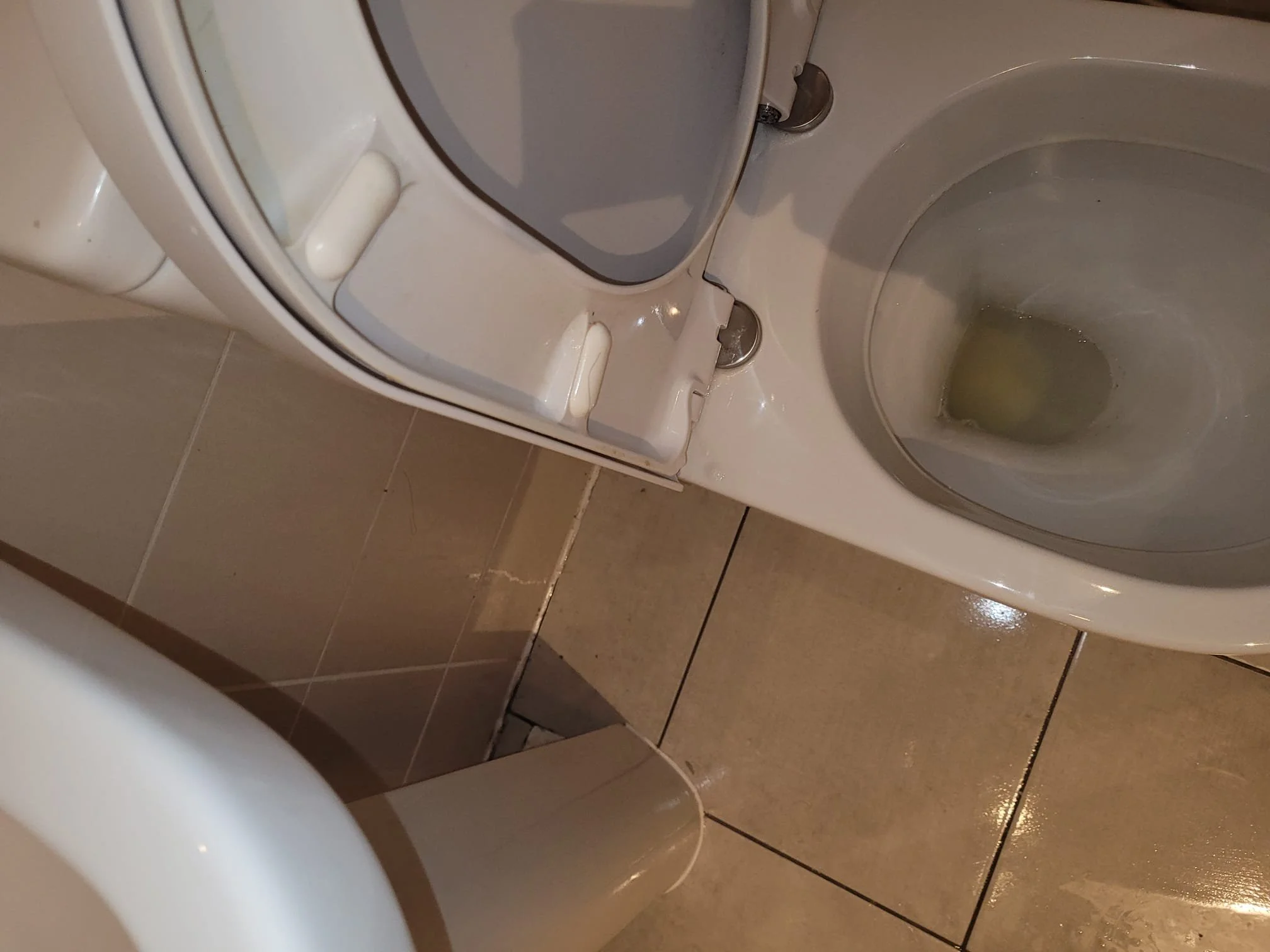 Toilet with an open lid, showing urine inside, in a tiled bathroom