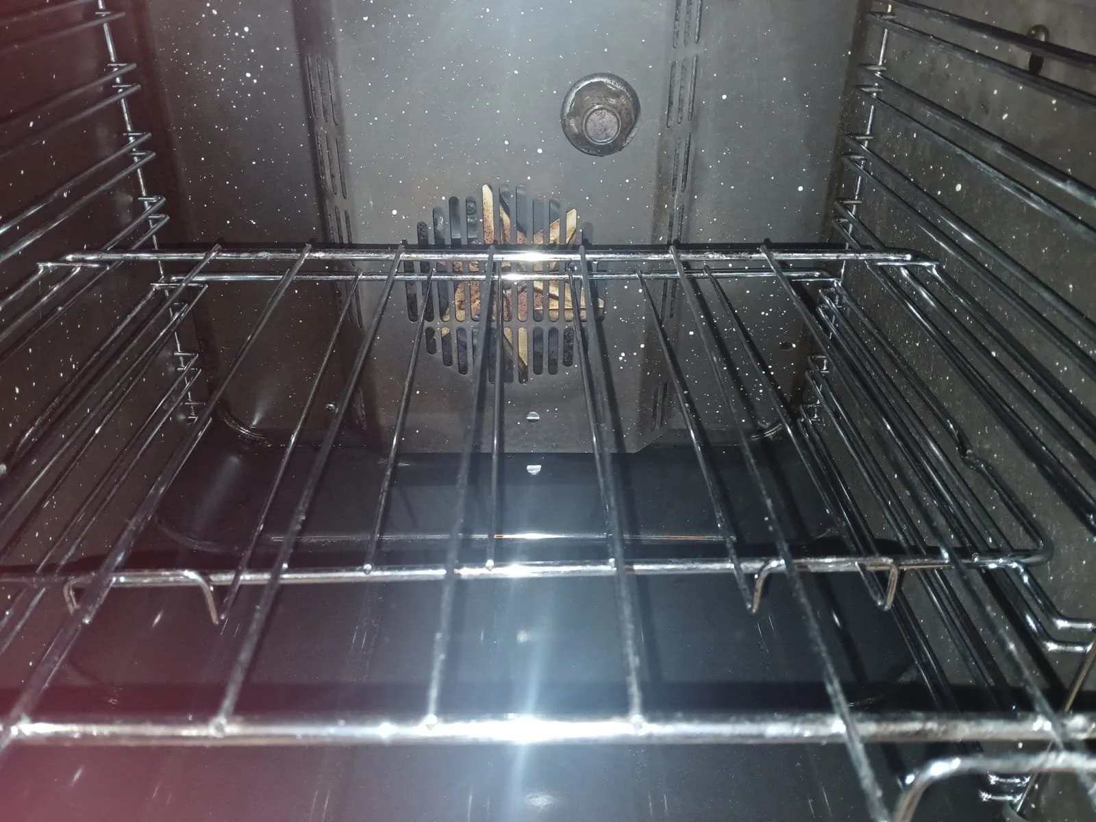 Empty oven with metal racks and a fan and heating element at the back.