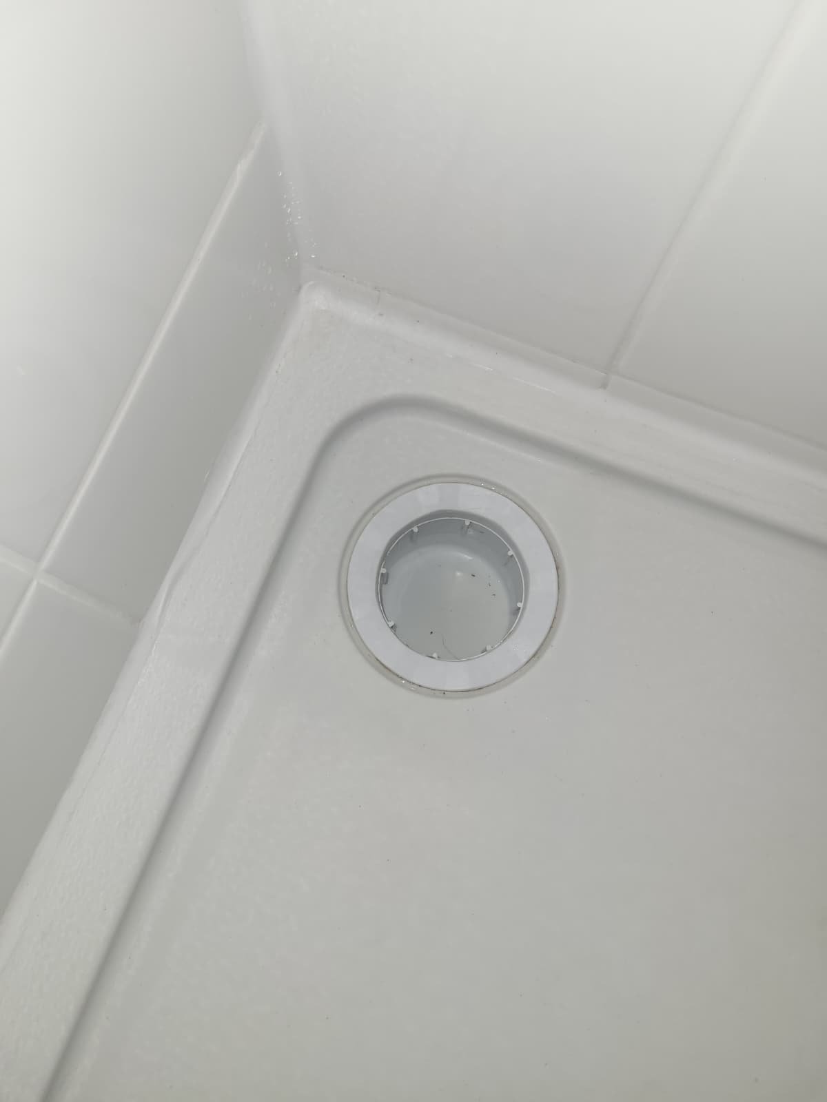 A close-up view of a white shower drain in a tiled shower corner.