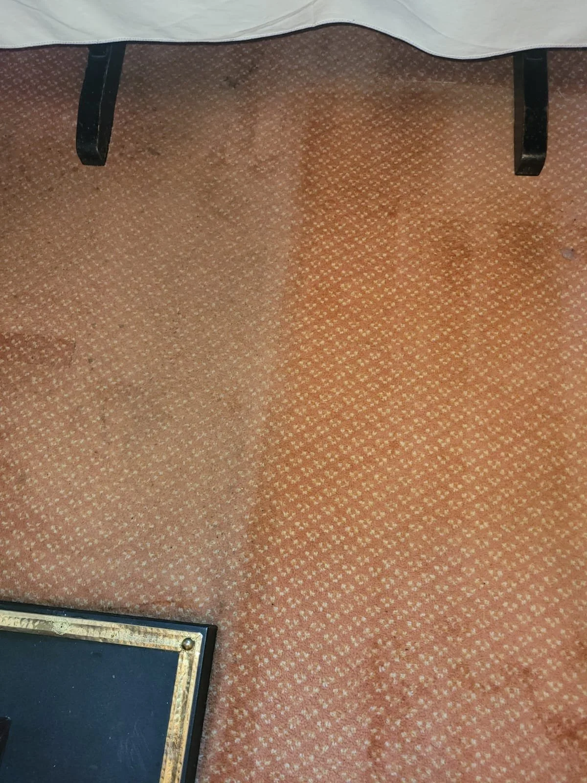 A beige and orange patterned carpet with a black framed picture or mirror in the lower left corner and part of a bed with black legs and white bedding at the top of the image.