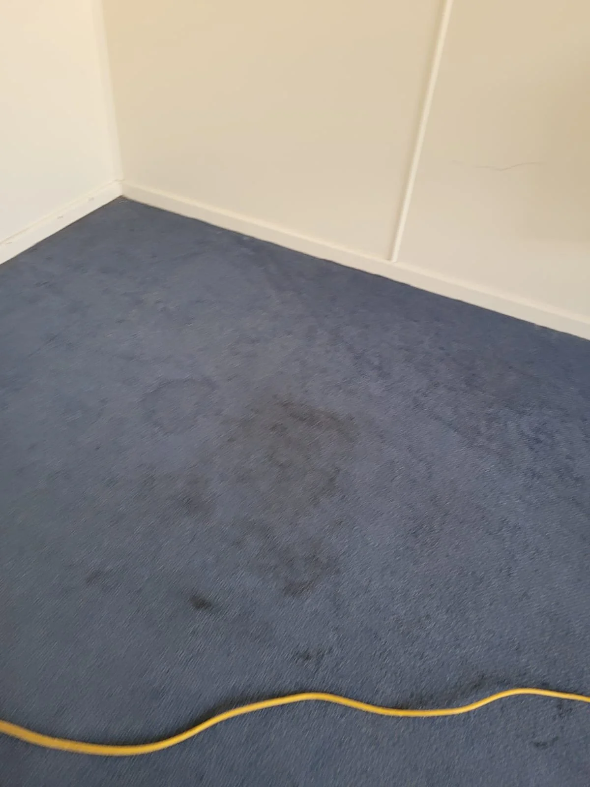 Carpeted floor with visible dark stains, yellow extension cord on the floor, beige walls, and white baseboard trim.