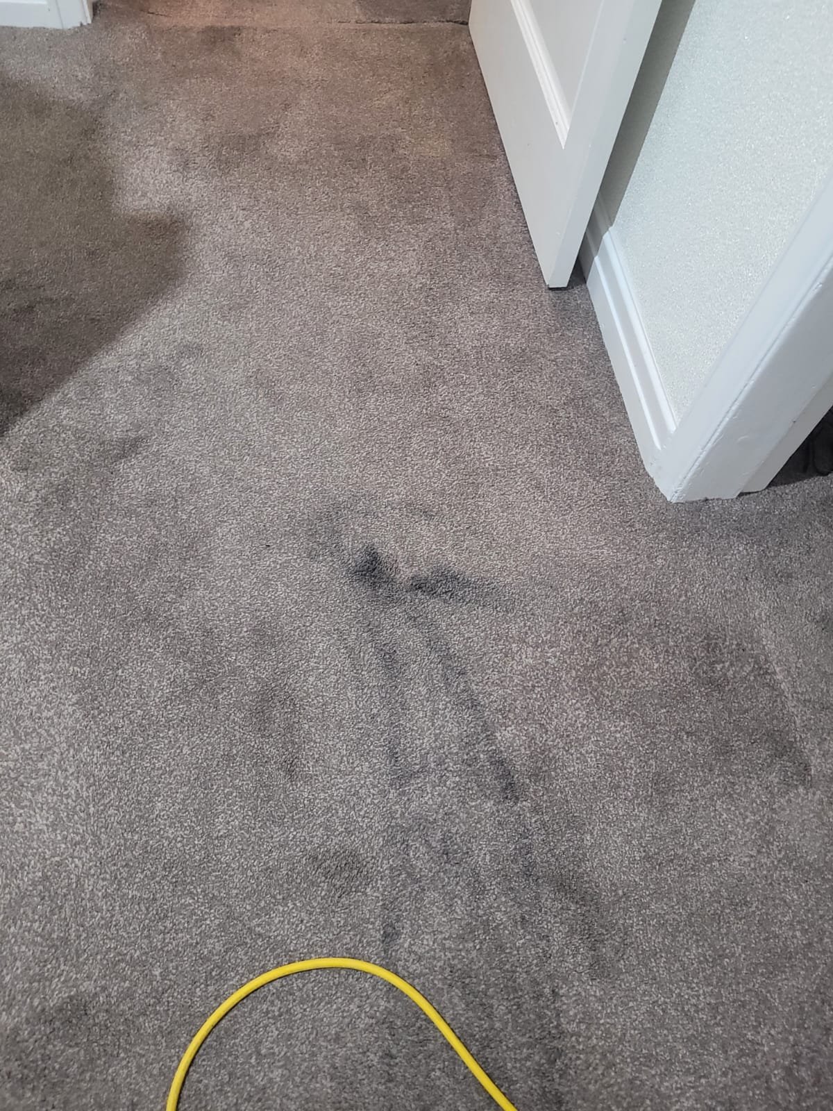 Footprint marks on beige carpeted floor near doorway with white trim.