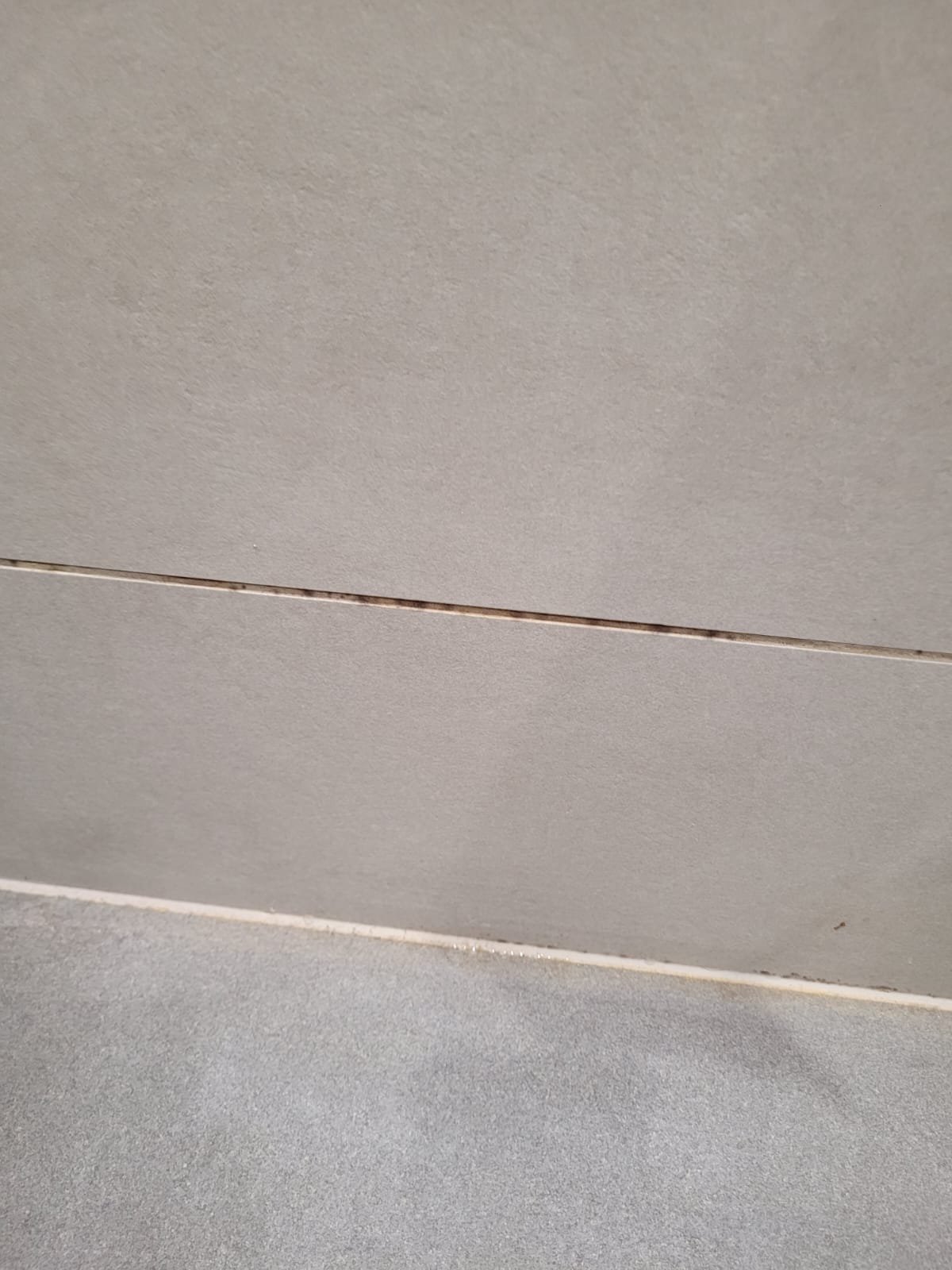 Close-up of a wall and floor corner with a horizontal crack in the wall.