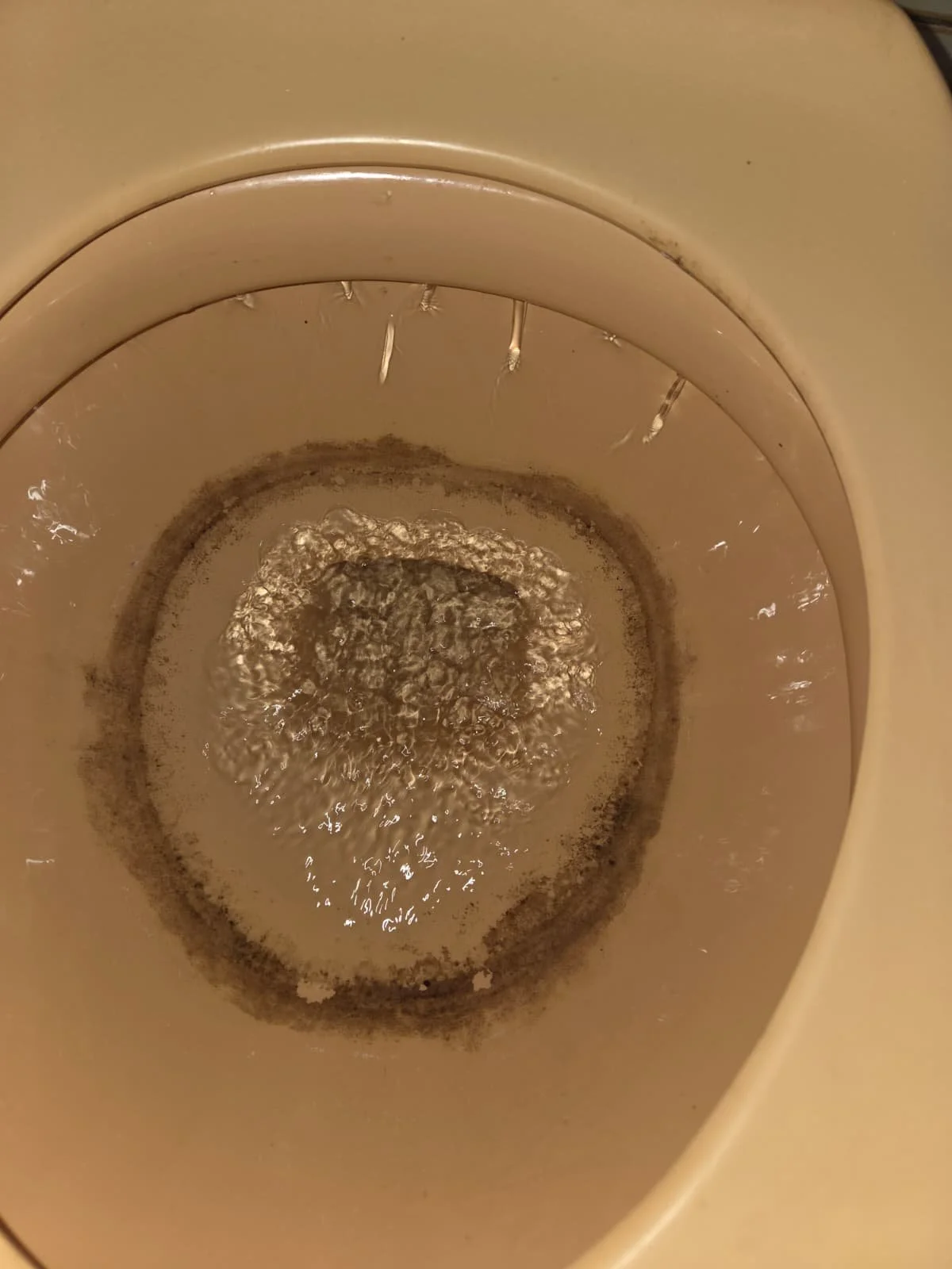 Inside the drum of a washing machine with some water and stains.