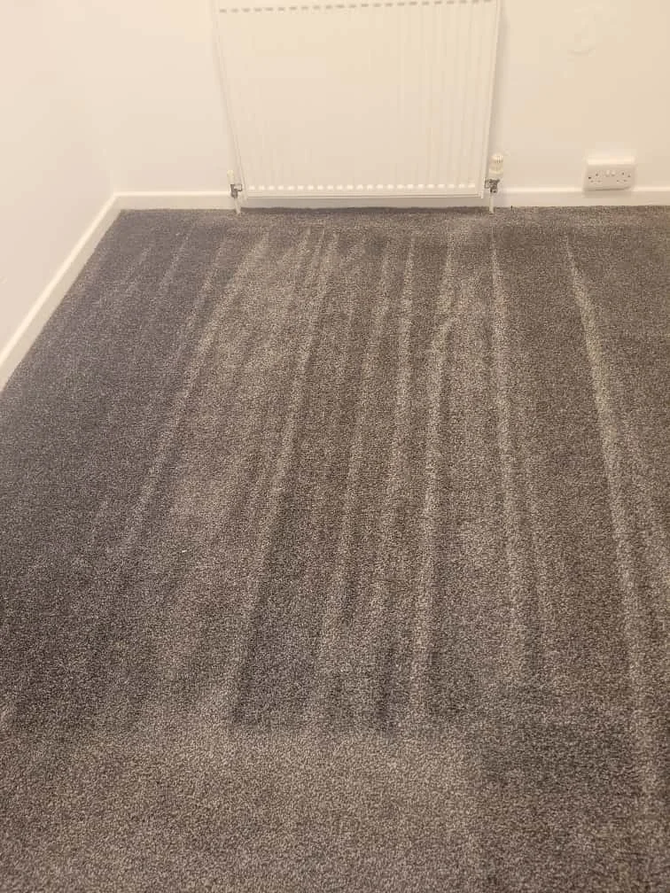 Newly vacuumed gray carpet in a small empty room with white walls, a white radiator, and a wall with electrical outlets.