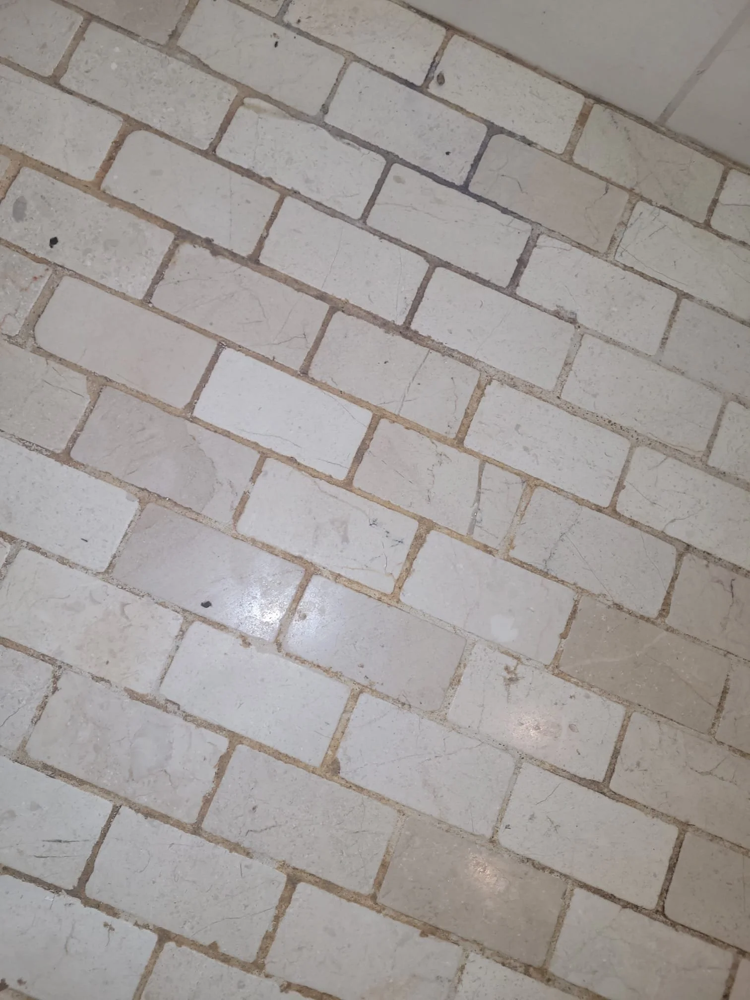 Close-up of a white brick wall with visible grout lines.