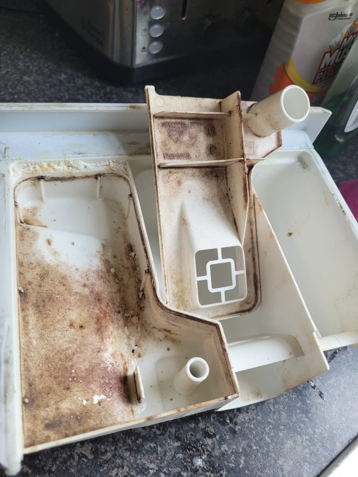 A close-up of the inside of a dirty, stained refrigerator door compartment with mold and grime, on a black countertop with a microwave and cleaning supplies in the background.