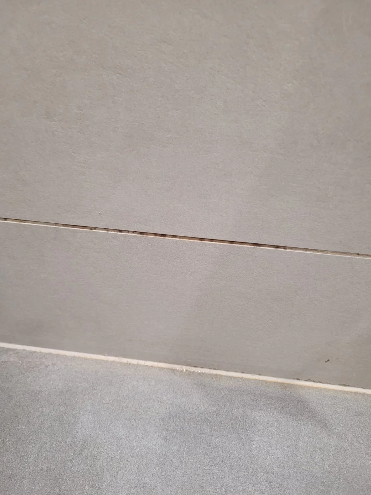 Close-up of a wall with a small gap or crack near the bottom, with a textured gray surface and a gray floor.