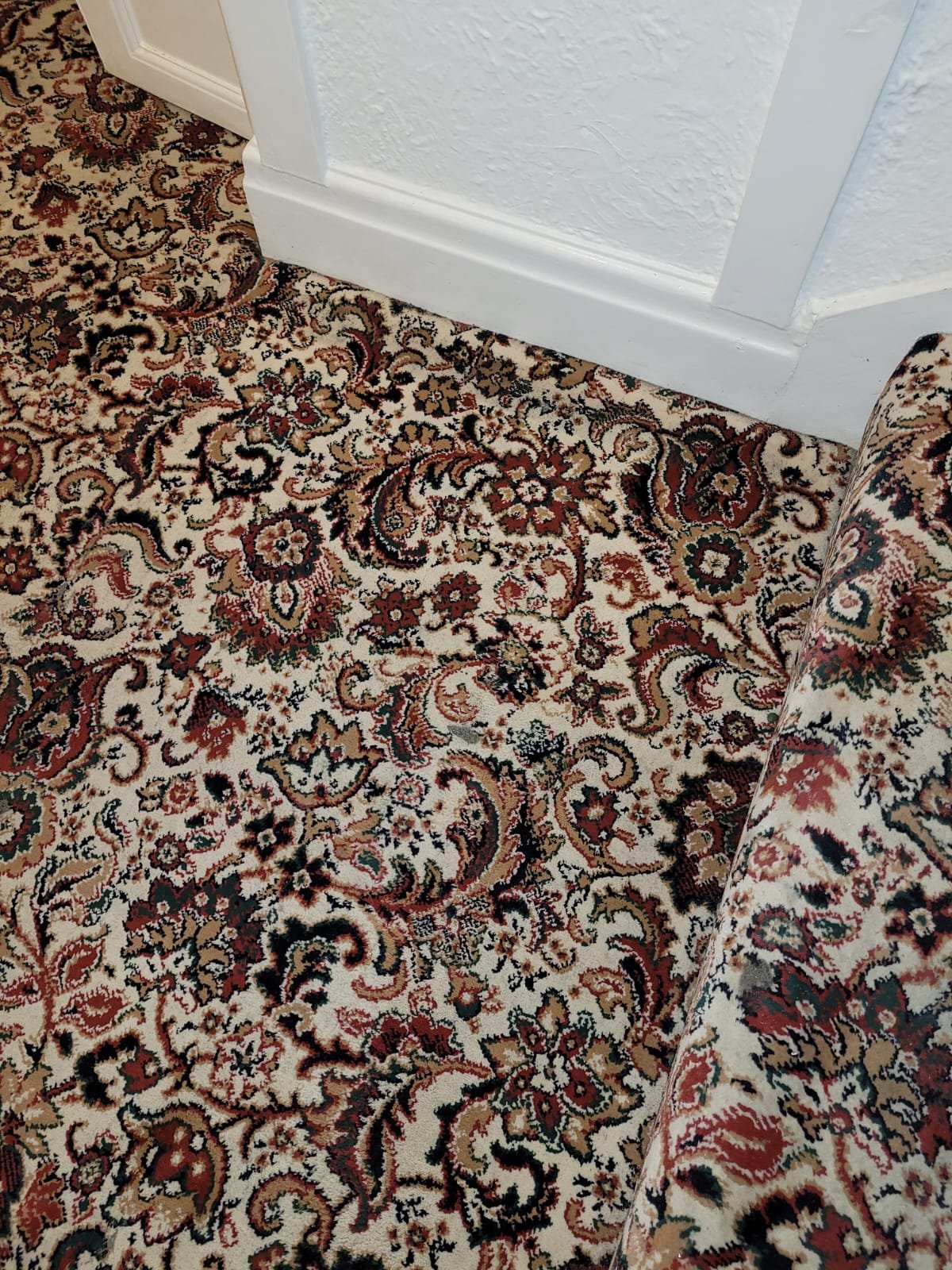 Close-up of a patterned Persian-style carpet next to a white wall and part of a floral upholstered chair.