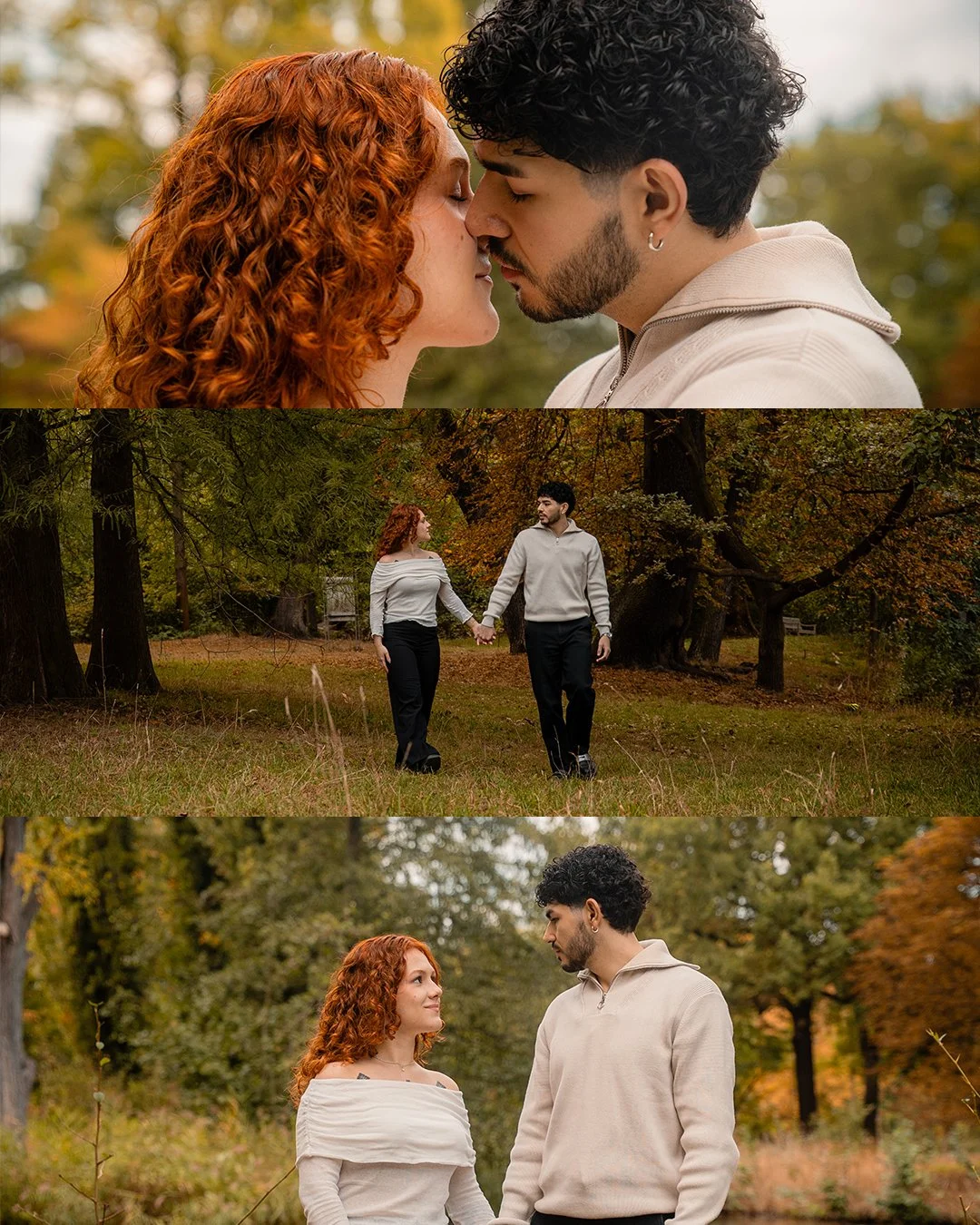 A young couple with curly hair and fair skin walking in a park during autumn. They are holding hands and looking at each other affectionately, surrounded by trees with fall foliage. Couple photography