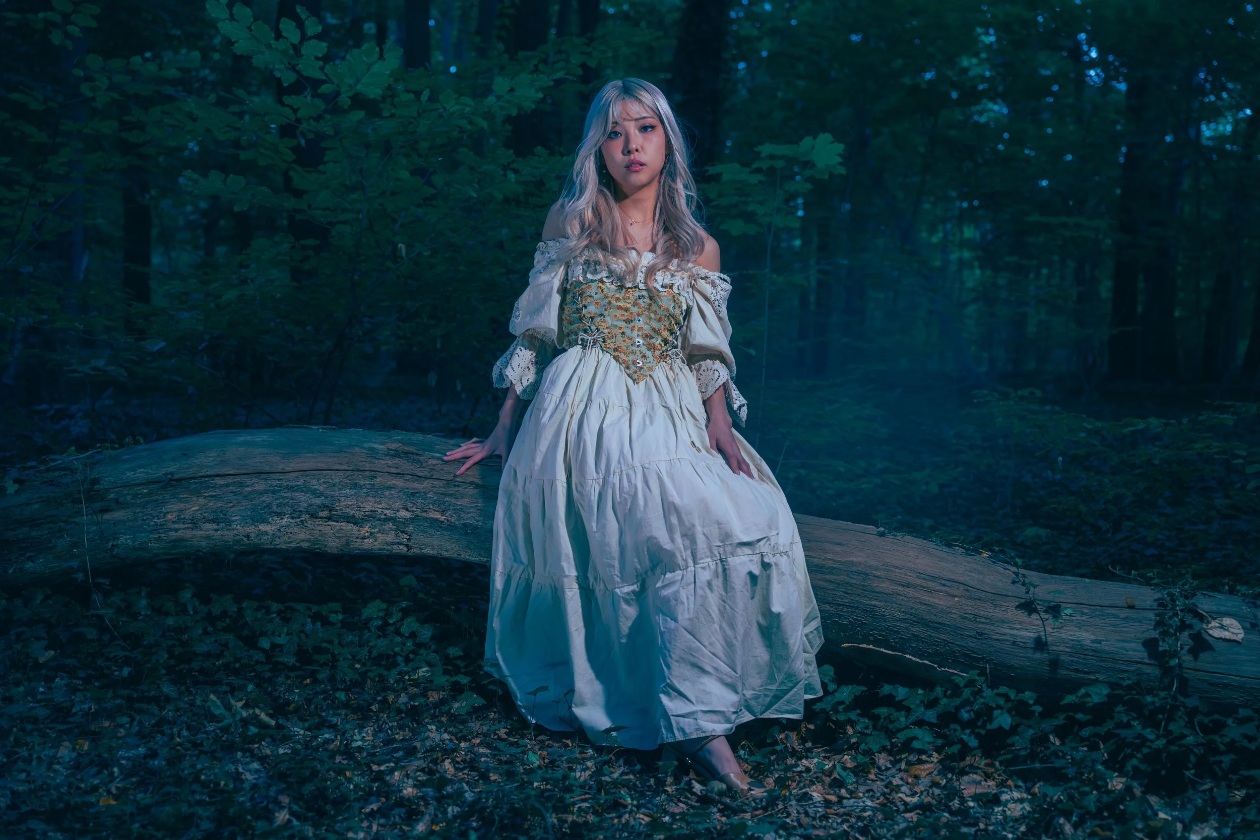 A woman wearing an elaborate, off-shoulder Victorian-style dress with lace details, sitting on a fallen log in a dense, dark forest. Cinematic portrait photography