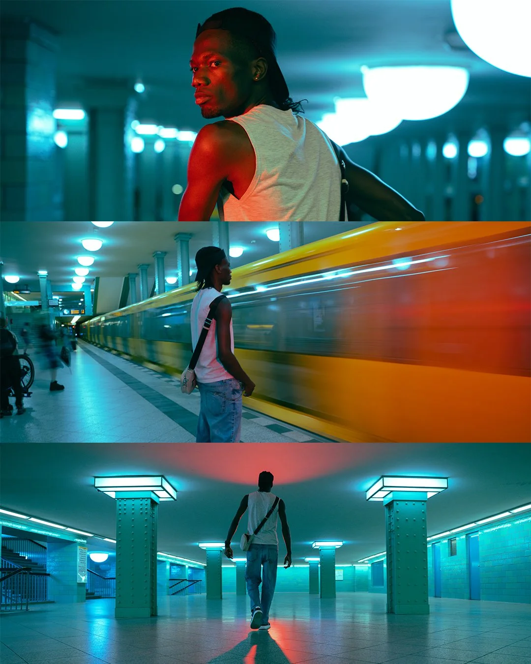 A young man with long hair, wearing a sleeveless shirt, is seen in an underground metro station with colorful lighting. The scene shows him waiting near a yellow train moving past quickly, and later walking through an empty, illuminated station corri