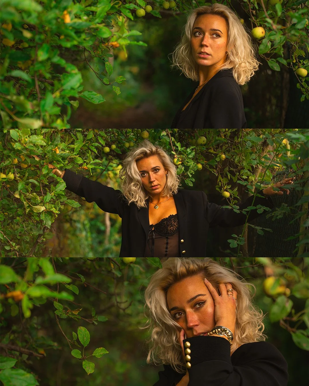 A blonde woman with curly hair posing among green apple trees in a forest setting. She wears a black blazer and a lace top, and has her hand on her face in the last image. Portrait photography