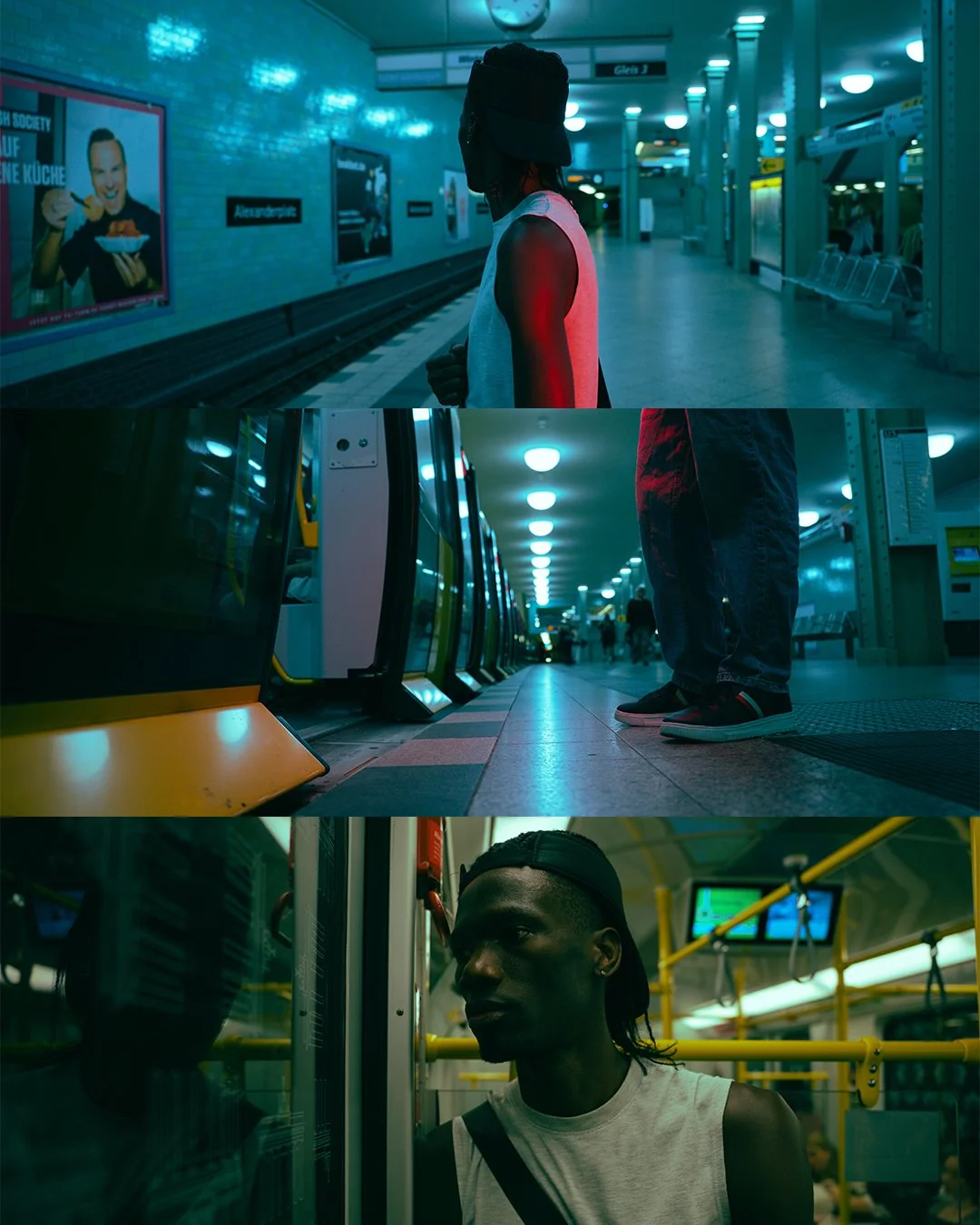A person waiting at a subway station, standing on the platform, wearing a sleeveless top and a cap, looking to the side. Another person is seen standing by the subway train, with shoes visible, in an underground station with bright overhead lights. A