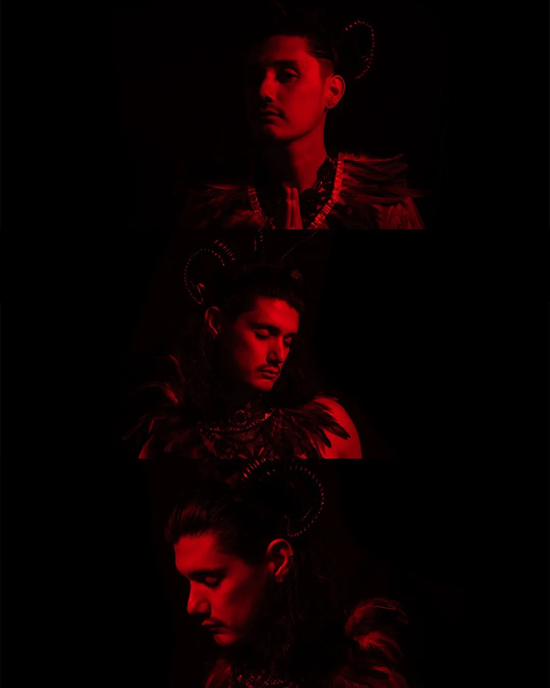Three women illuminated in red light, each with a different pose and expression, wearing detailed costumes and accessories. Cinematic portrait photography