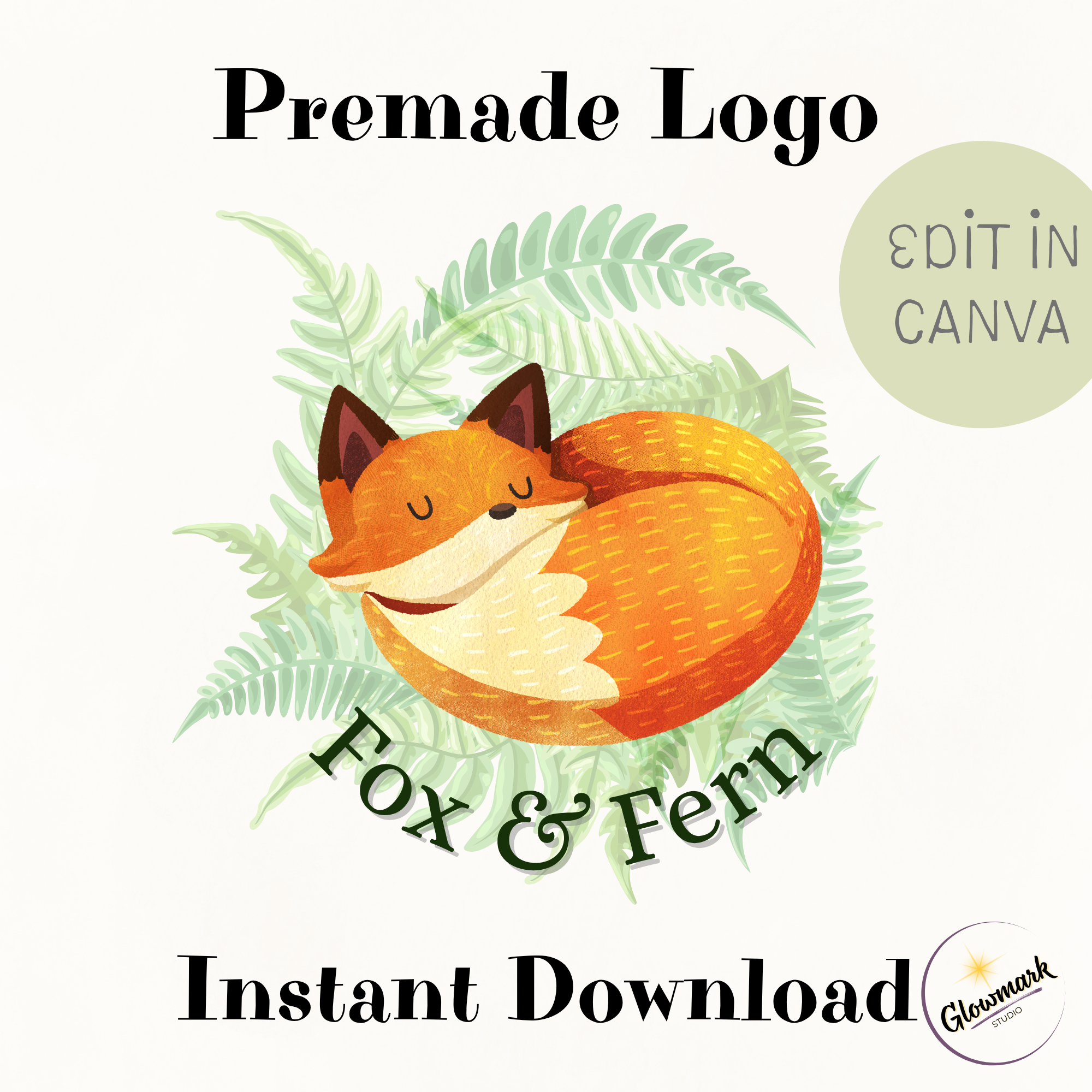 Illustration of a sleeping fox curled around a pumpkin with green fern leaves in the background, promotional text for Fox & Fern instant logo download, with a green circle indicating it can be edited in Canva and a small circular logo for Glowmark Studio.