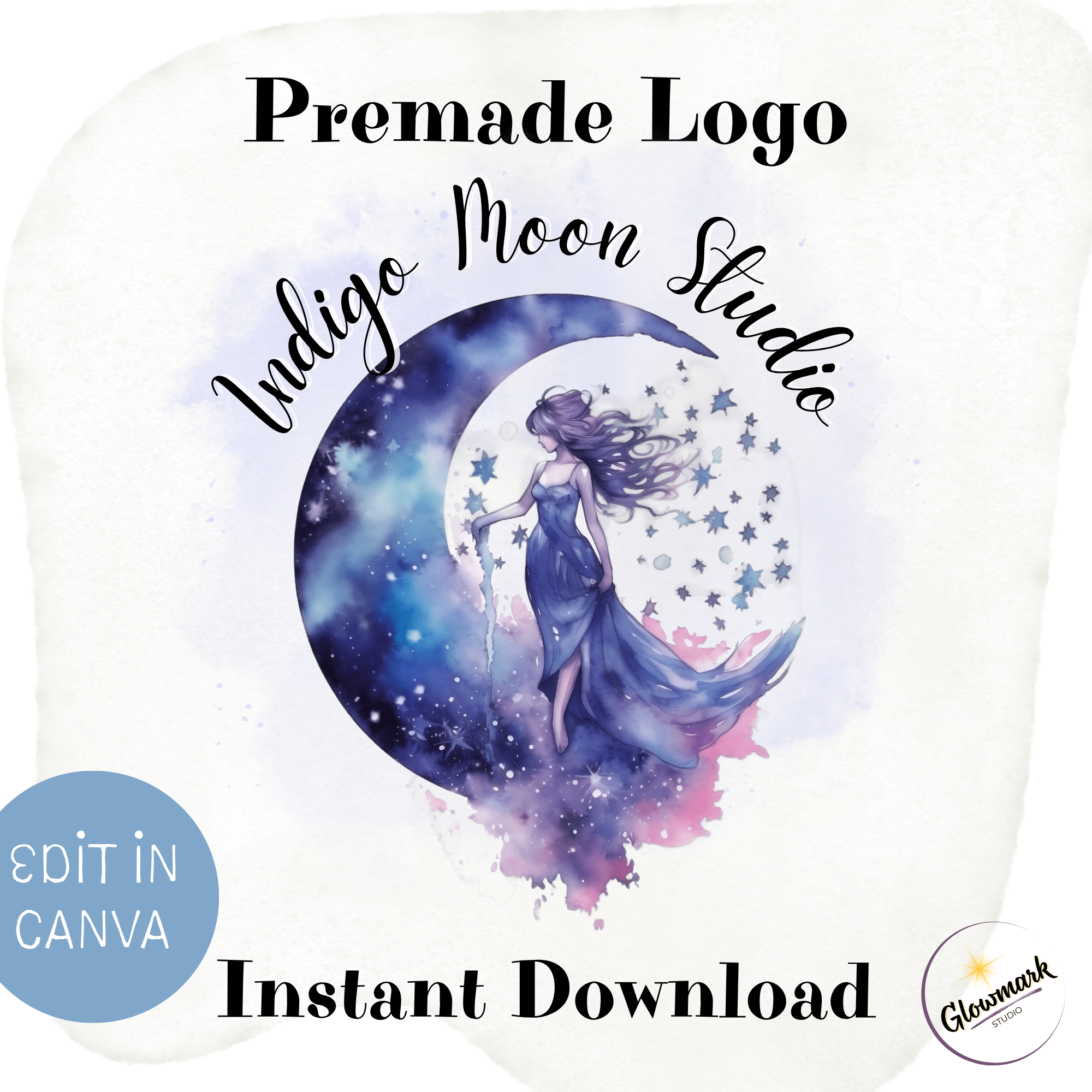 An illustrated logo for Indigo Moon Studio featuring a girl in a blue dress sitting on a crescent moon, surrounded by stars. The logo has text indicating it's a premade logo available for instant download, with branding and edit information.
