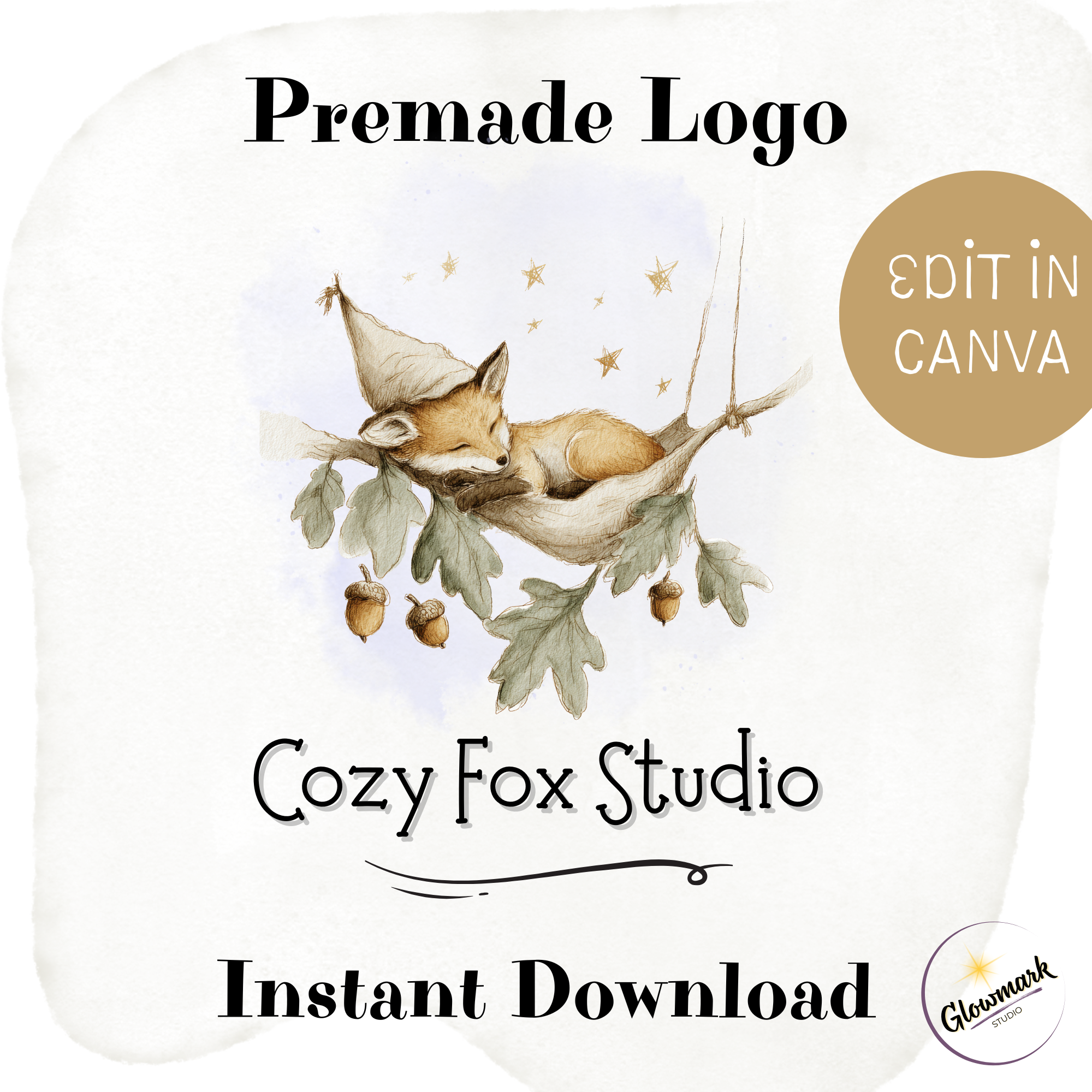 Digital graphic of a cozy fox sleeping in a hammock attached to green leaves, surrounded by stars, with text indicating it's a premade logo template for Cozy Fox Studio, available as an instant download and editable in Canva.