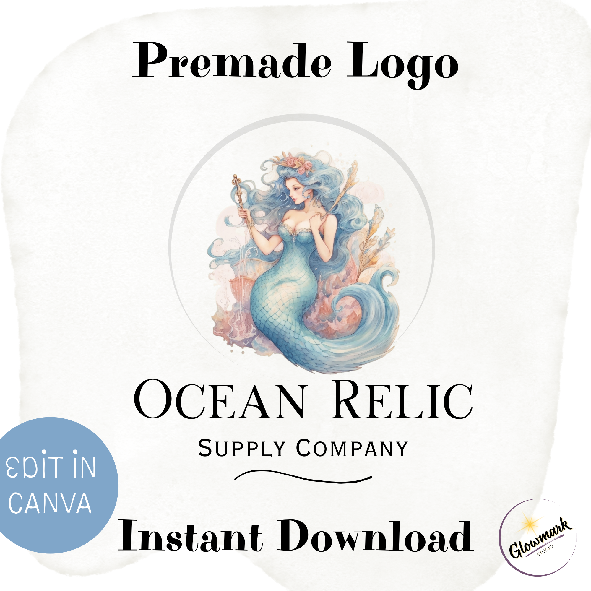 Illustration of a mermaid with long blue hair, holding a trident, surrounded by aquatic elements, used as a logo placeholder for the Ocean Relic supply company.