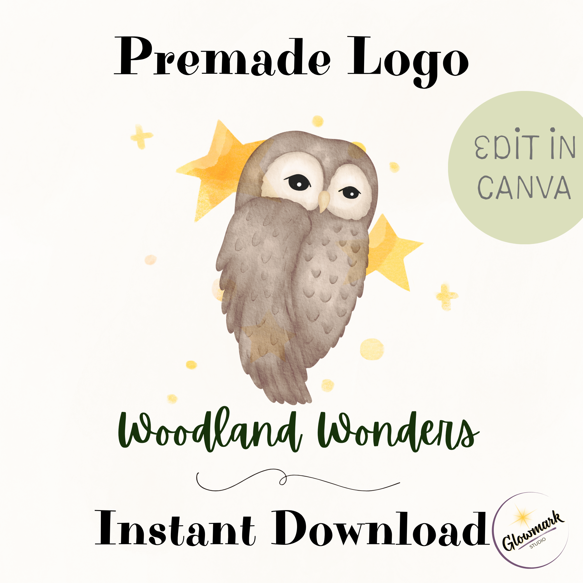 A digital illustration of an owl with a background of stars and dots, with text promoting a woodland wonders owl logo design template available for editing in Canva for instant download.