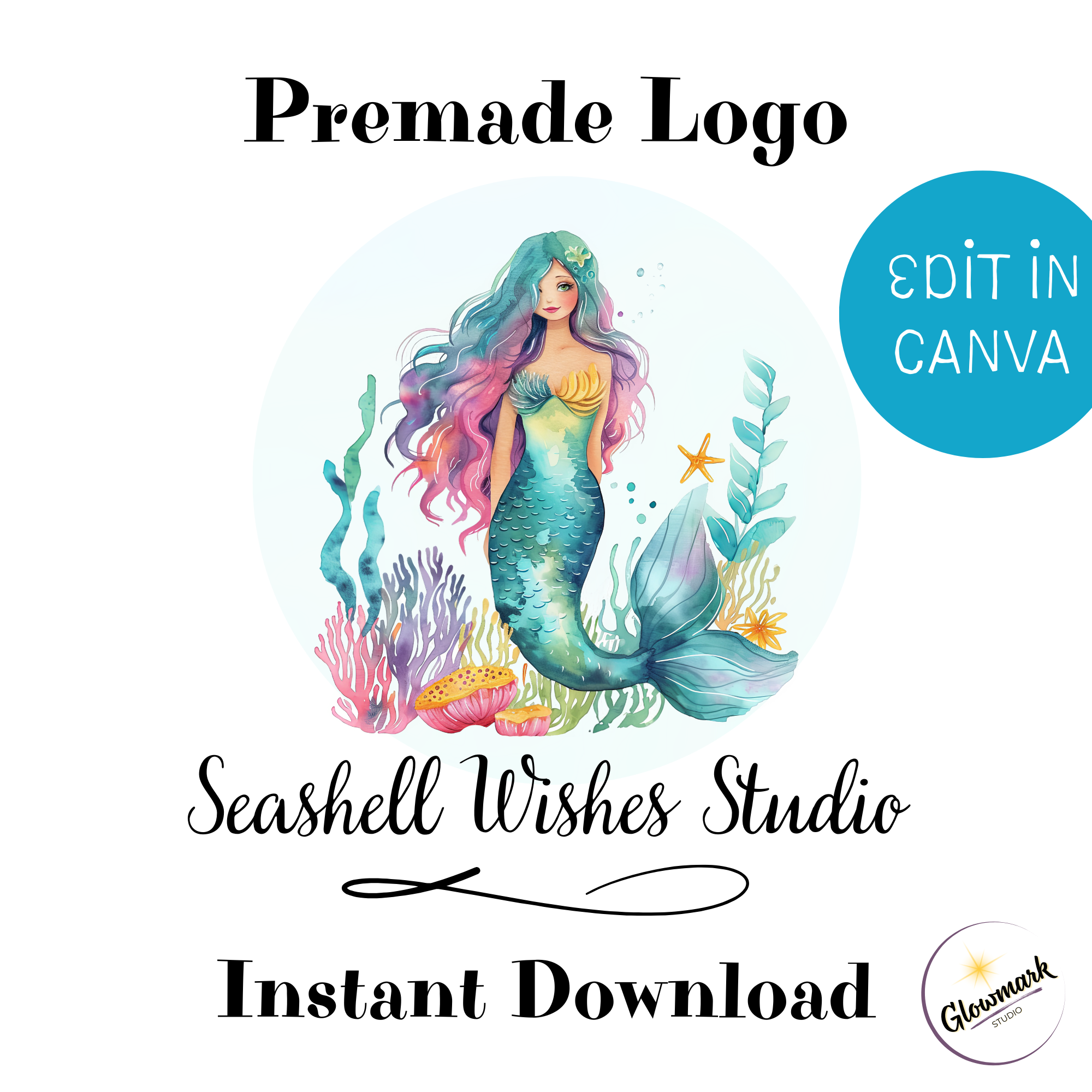 Design for a logo featuring a mermaid with long, wavy, multicolored hair, surrounded by coral and underwater plants, with text indicating it's a premade logo for Seashell Wishes Studio, available as an instant download, with a note to edit in Canva.
