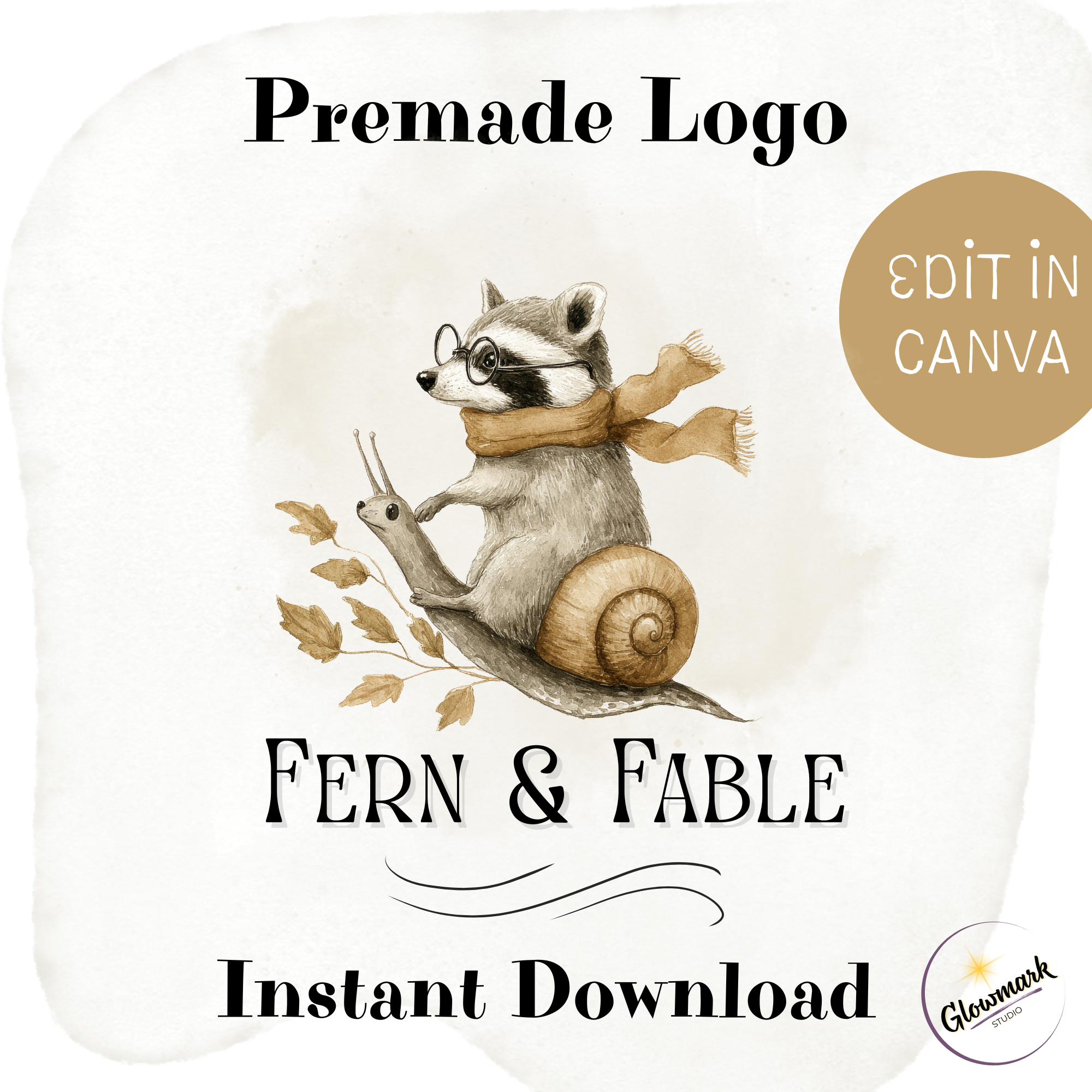 A cute illustration of a raccoon wearing glasses and a scarf, riding a snail with a leaf branch in the background. The image is promotional for a premade logo design titled 'Fern & Fable' that can be edited in Canva, and it indicates instant download from Glowmark Studio.