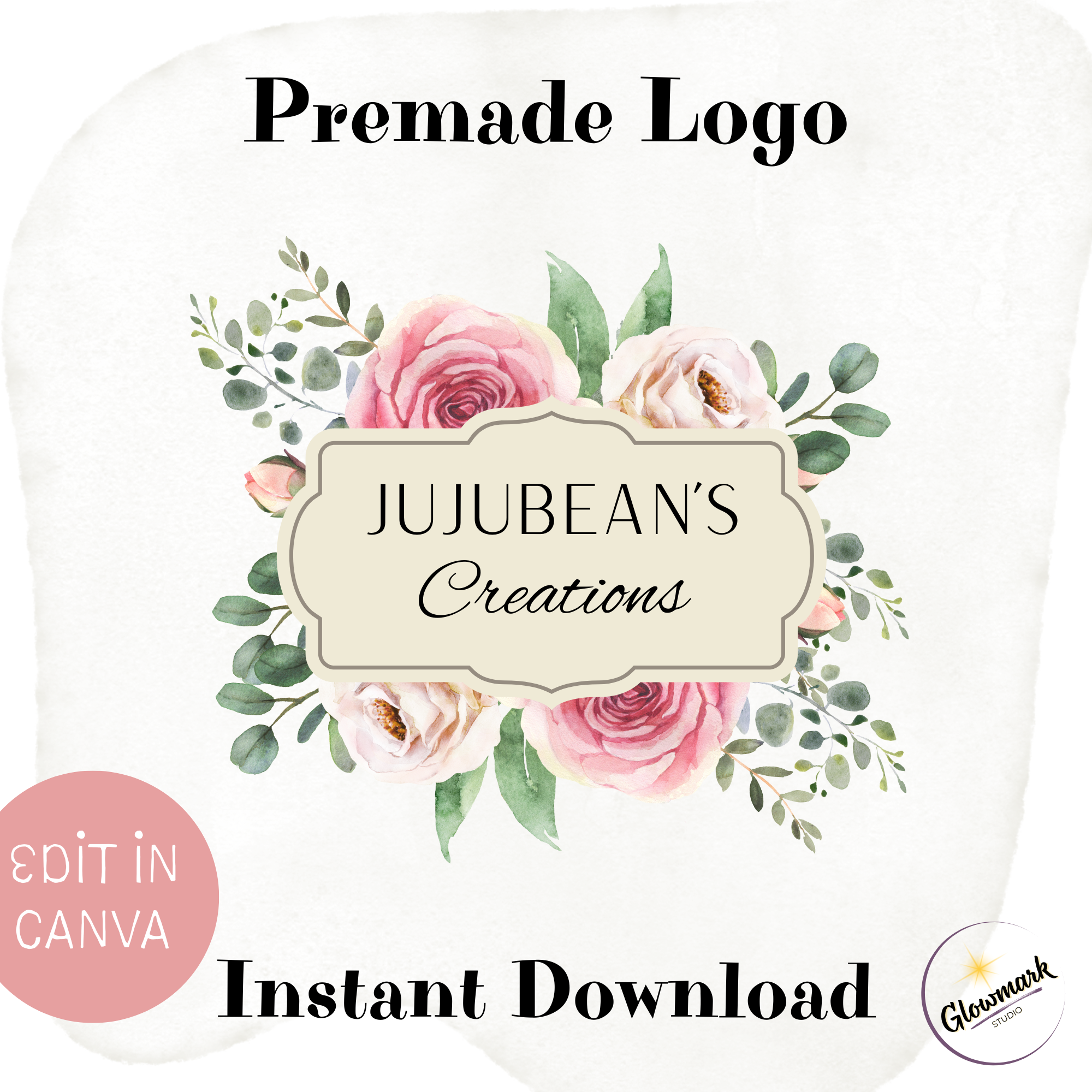 A digital graphic design template featuring a floral arrangement with pink roses and green leaves, with text indicating it is a premade logo for 'Jujubean's Creations' that can be edited in Canva and is available for instant download, with a small glow mark logo in the bottom right corner.