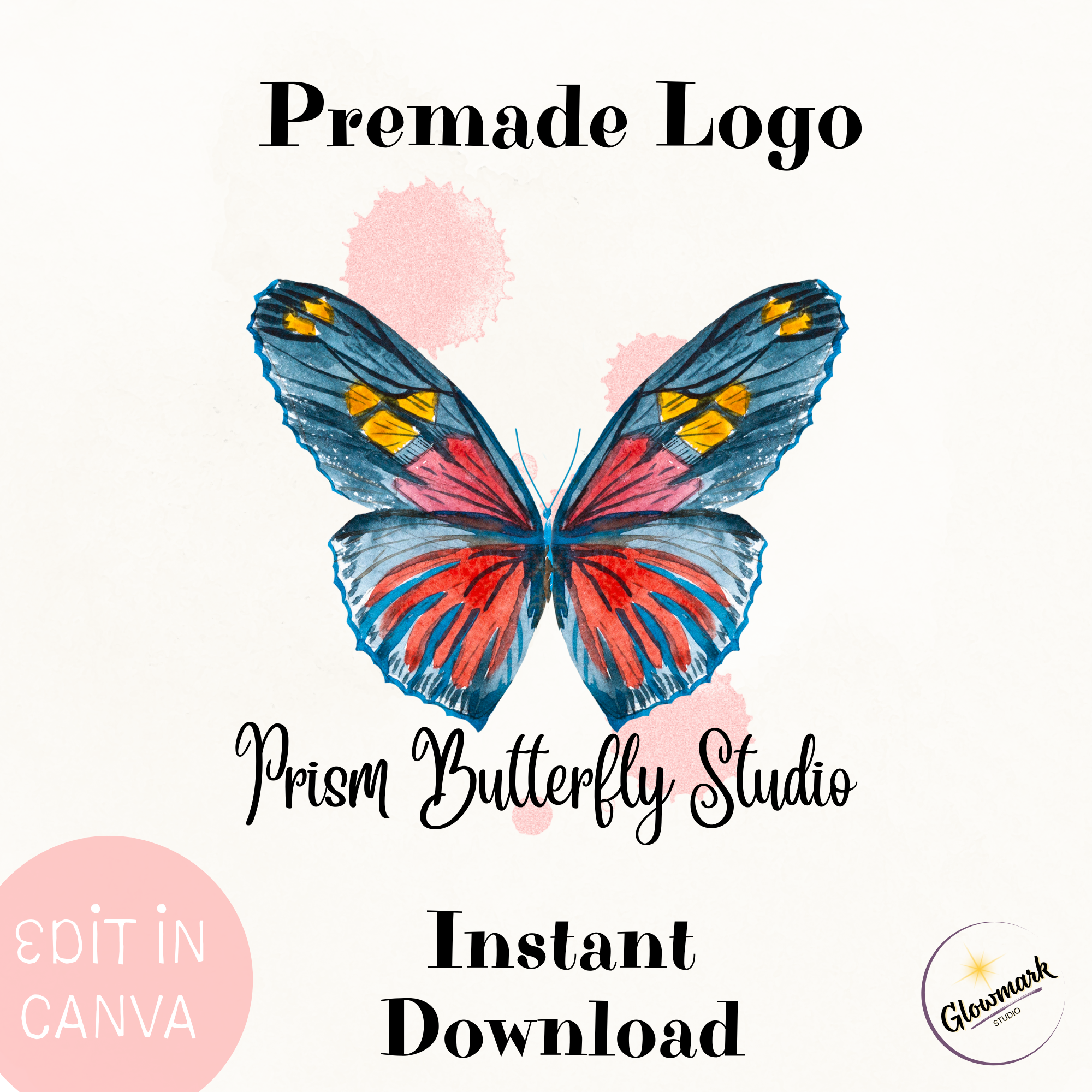 Artwork featuring a colorful butterfly with blue, red, and yellow wings, surrounded by pink watercolor-style spots. Text on the image reads 'Premade Logo,' 'Prism Butterfly Studio,' 'Instant Download,' and 'Edit in Canva,' with a small circular logo of Glowmark Studio.