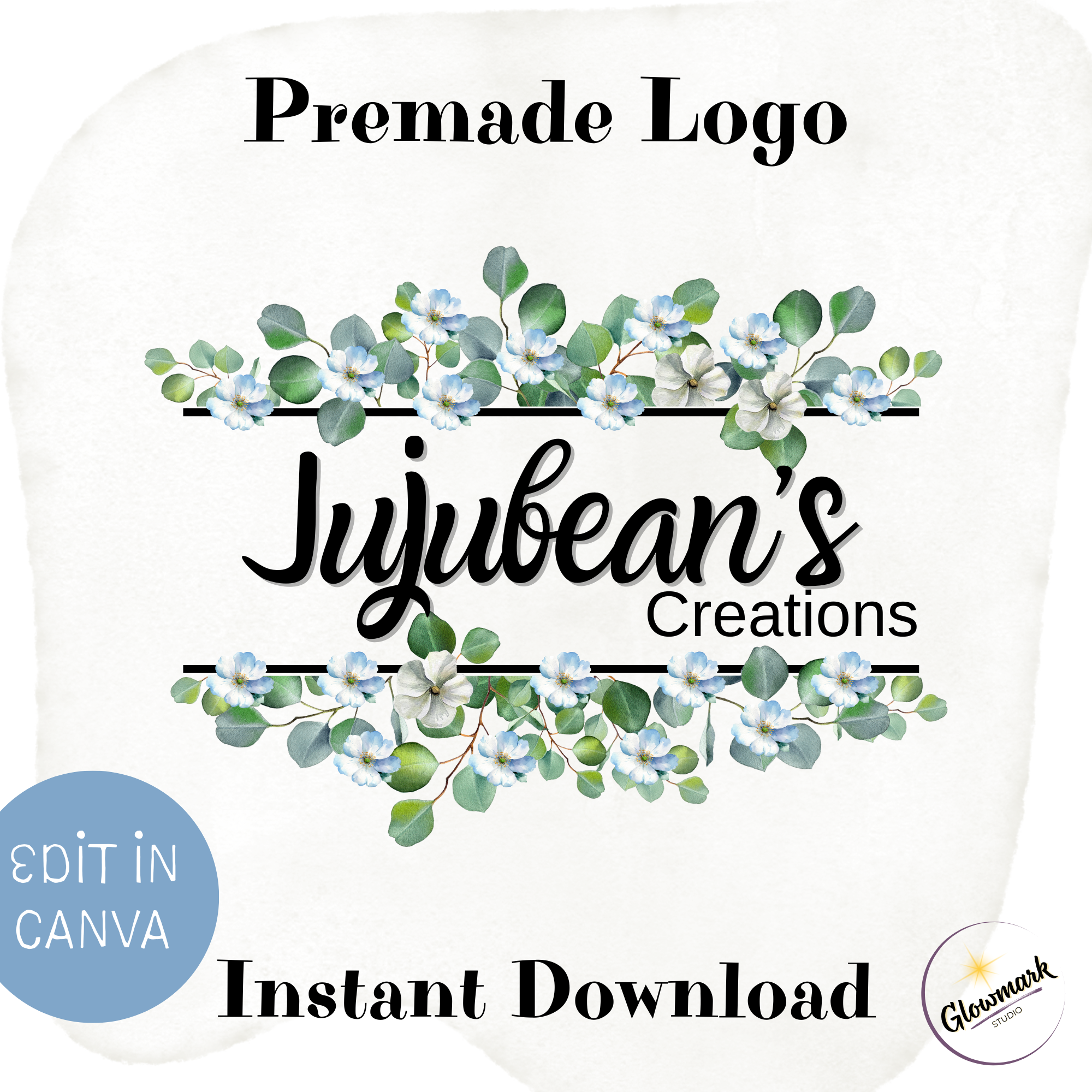 A graphic design with the text "Premade Logo JujuBean's Creations" and a note about editing in Canva, with floral decorations, and a logo for Glowmark Studio in the bottom right corner.