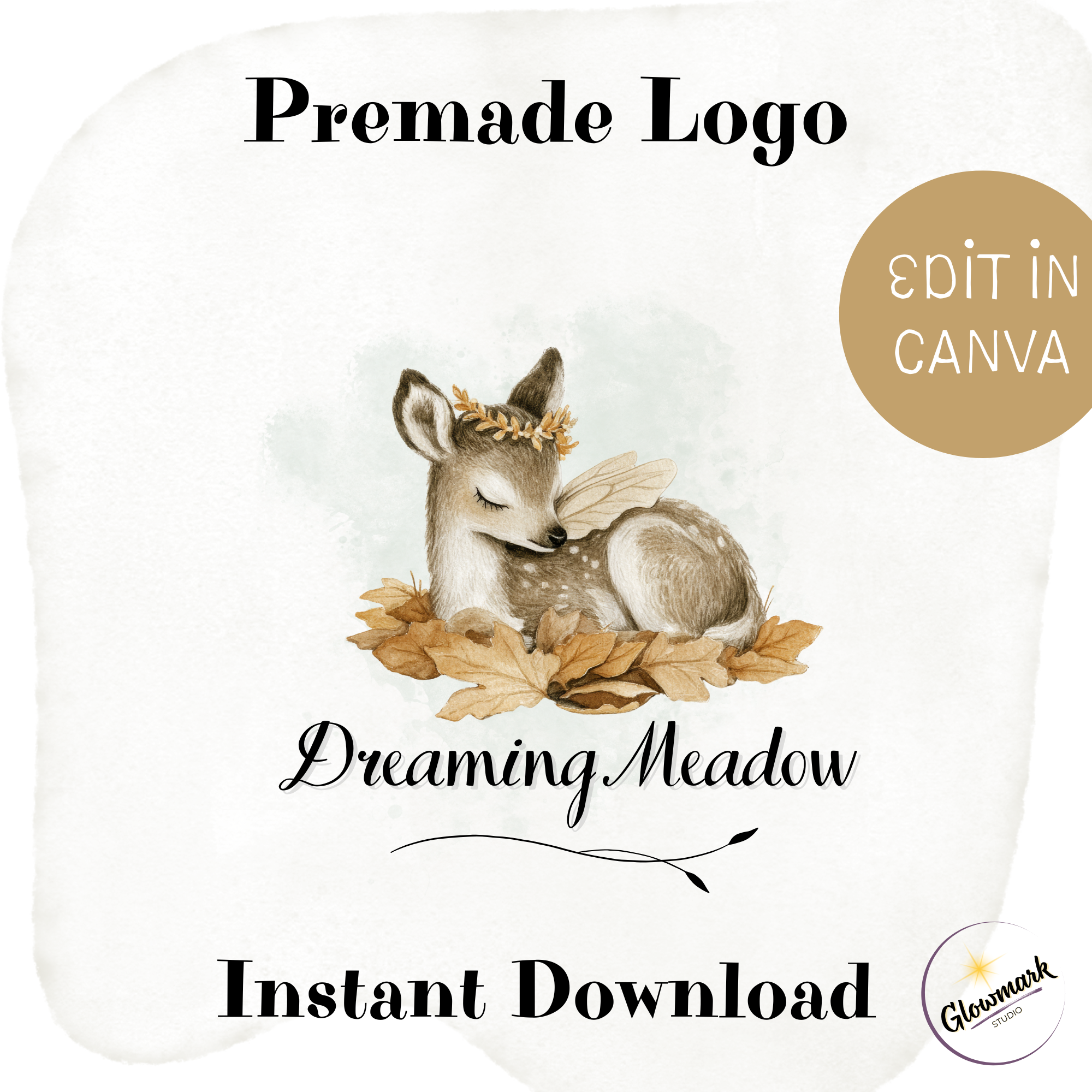 A digital illustration of a sleeping baby deer with a crown of flowers on its head, surrounded by autumn leaves, and the text "Premade Logo," "Dreaming Meadow," and "Instant Download."
