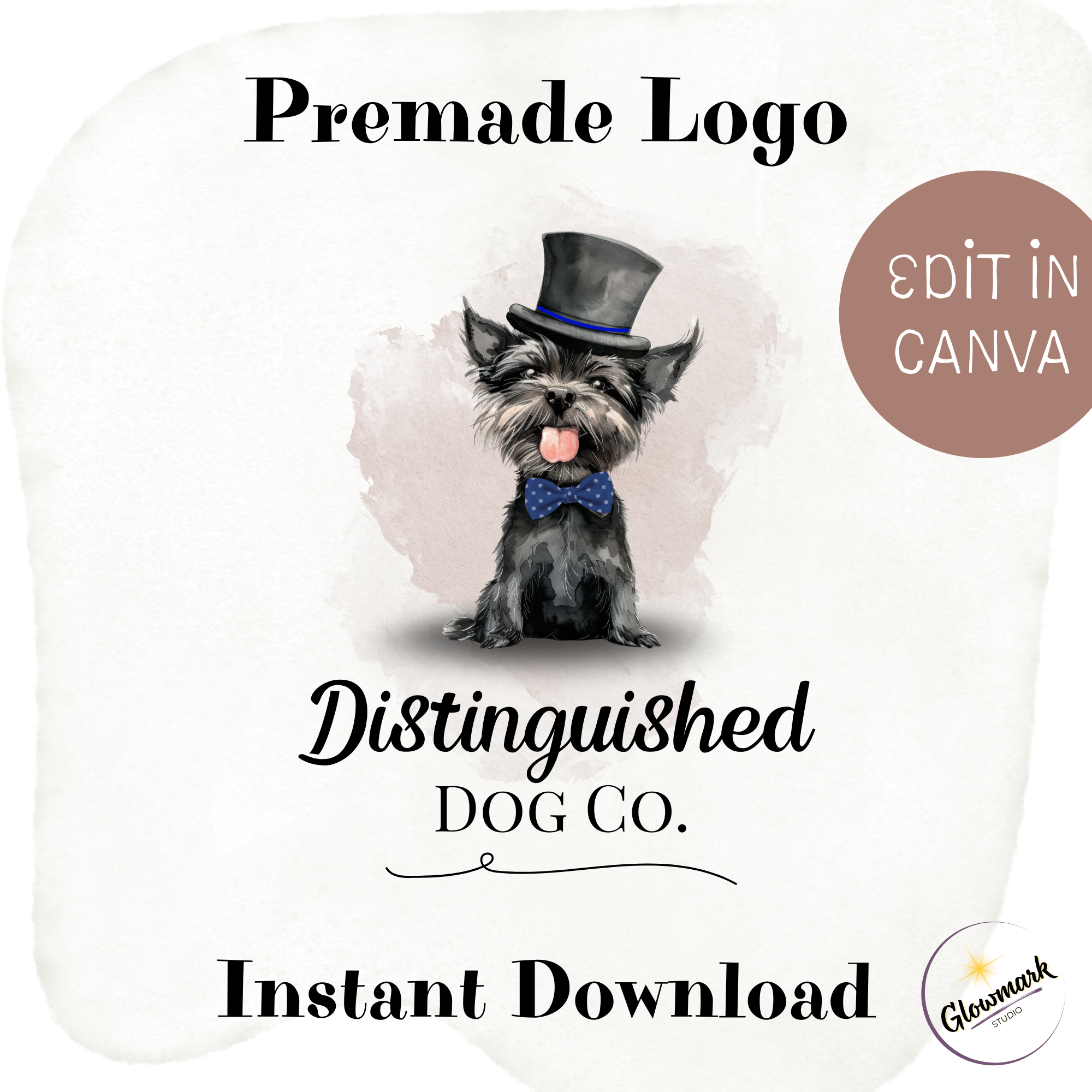 A digital graphic design featuring a cute black dog wearing a top hat and a blue bow tie with white polka dots. The background is a light watercolor wash with text promoting a premade logo template for 'Distinguished Dog Co.' available for instant download, with a circular badge indicating it can be edited in Canva.
