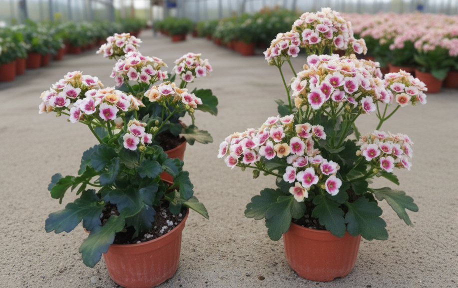 Side-by-side comparison of two potted Kalanchoe plants, showing dense clusters of pink and white flowers and foliage, potentially for a study on growth differences.