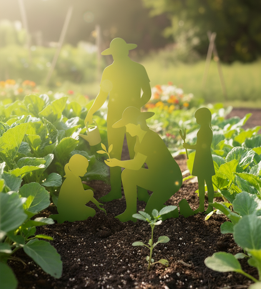Humus & Harmony family silhouette (mother, father, two daughters) gardening together, promoting natural farming and family-friendly soil health with bokashi.