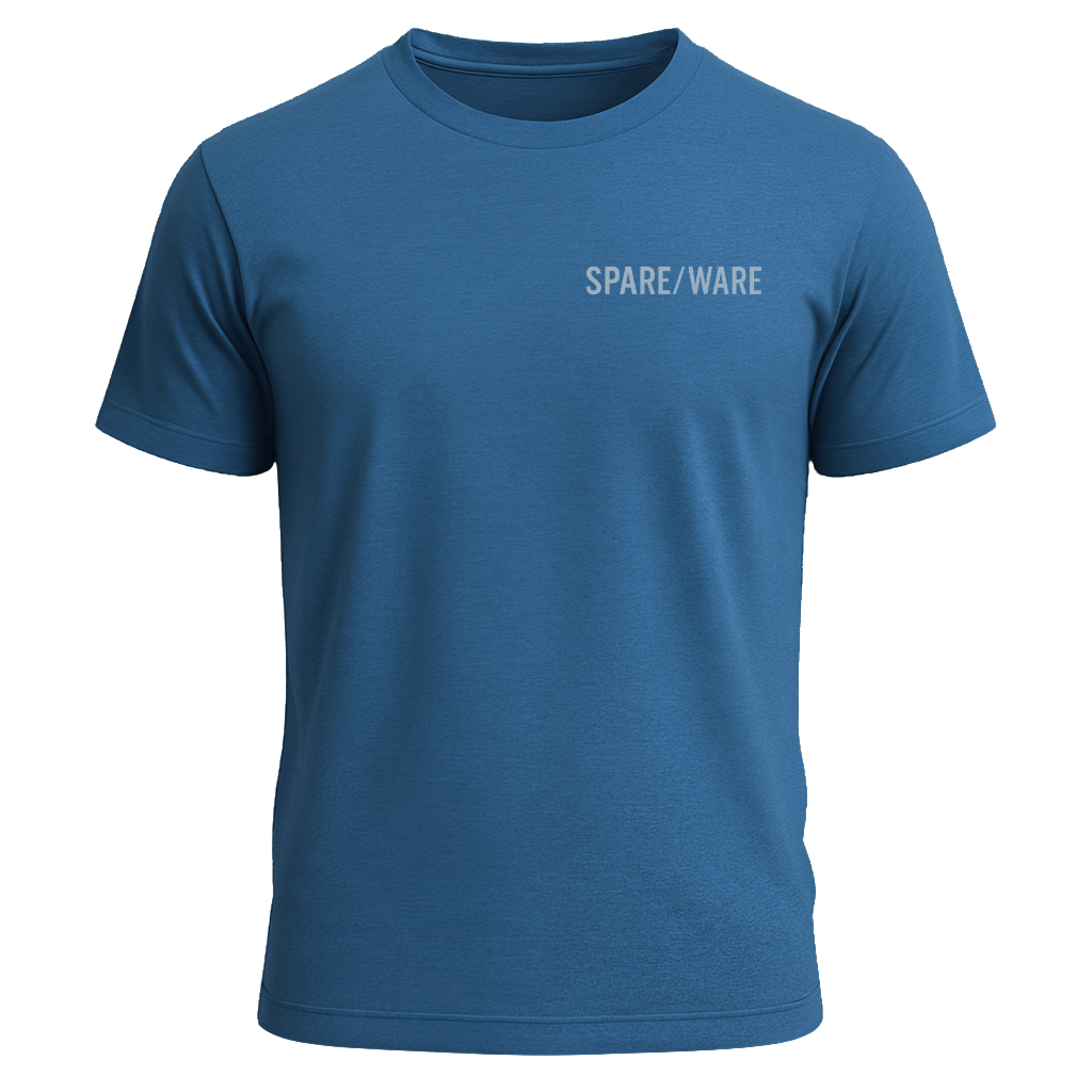 Blue t-shirt with the words "SPARE/WARE" printed on the upper left side