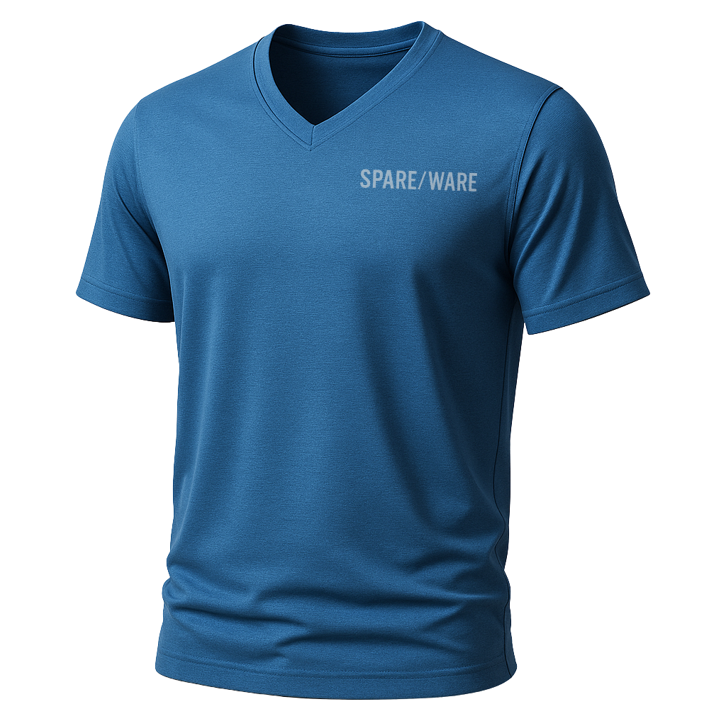 Blue short-sleeve sports jersey with V-neck and the words 'SPARE/WARE' printed on the upper right chest.