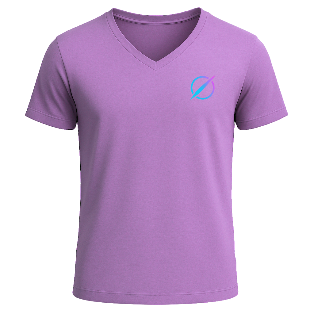 A purple V-neck T-shirt with a small logo on the left chest area, featuring a stylized lightning bolt inside a circle.