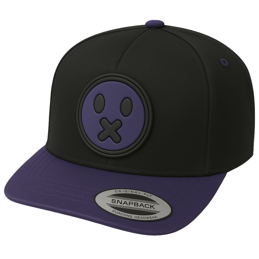 Black and purple snapback cap with a smiley face logo on the front and a sticker on the brim.