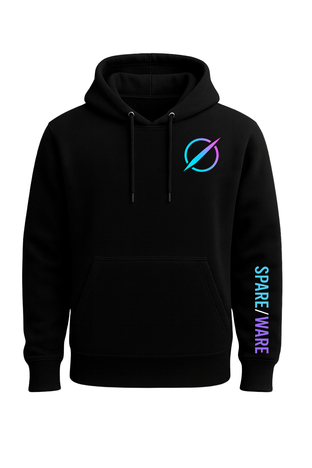 Black hoodie featuring a circular logo with a lightning bolt on the chest and the words "SPARE / WARE" printed vertically on the sleeve, against a black background.