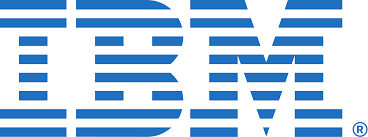 IBM logo with blue horizontal stripes.