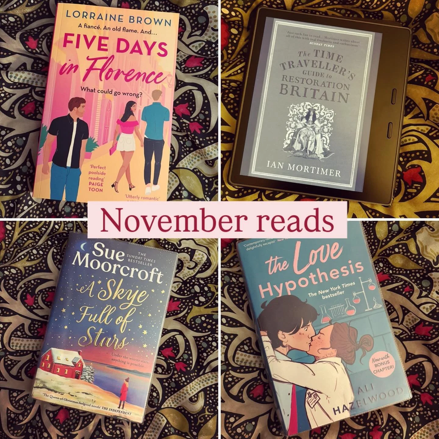 This month I lost myself in three amazing, swoony romances:

- Five Days in Florence by @lorrainebrownauthor (a reread)
- A Skye Full of Stars by @suemoorcroftauthor 
- The Love Hypothesis by Ali Hazelwood 

Also really enjoyed The Time Traveller&rsq