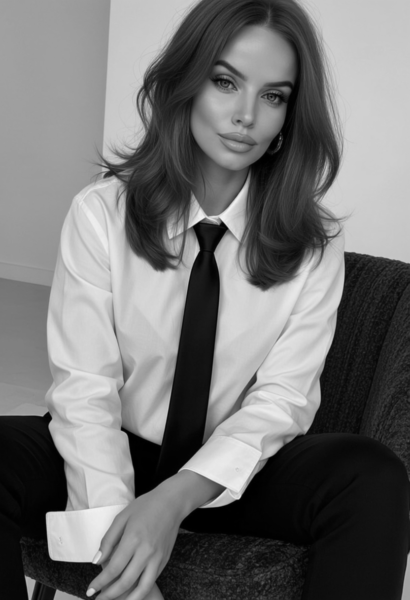 A woman with shoulder-length wavy hair, wearing a white button-up shirt and a black tie, sitting on a dark textured chair against a plain background.