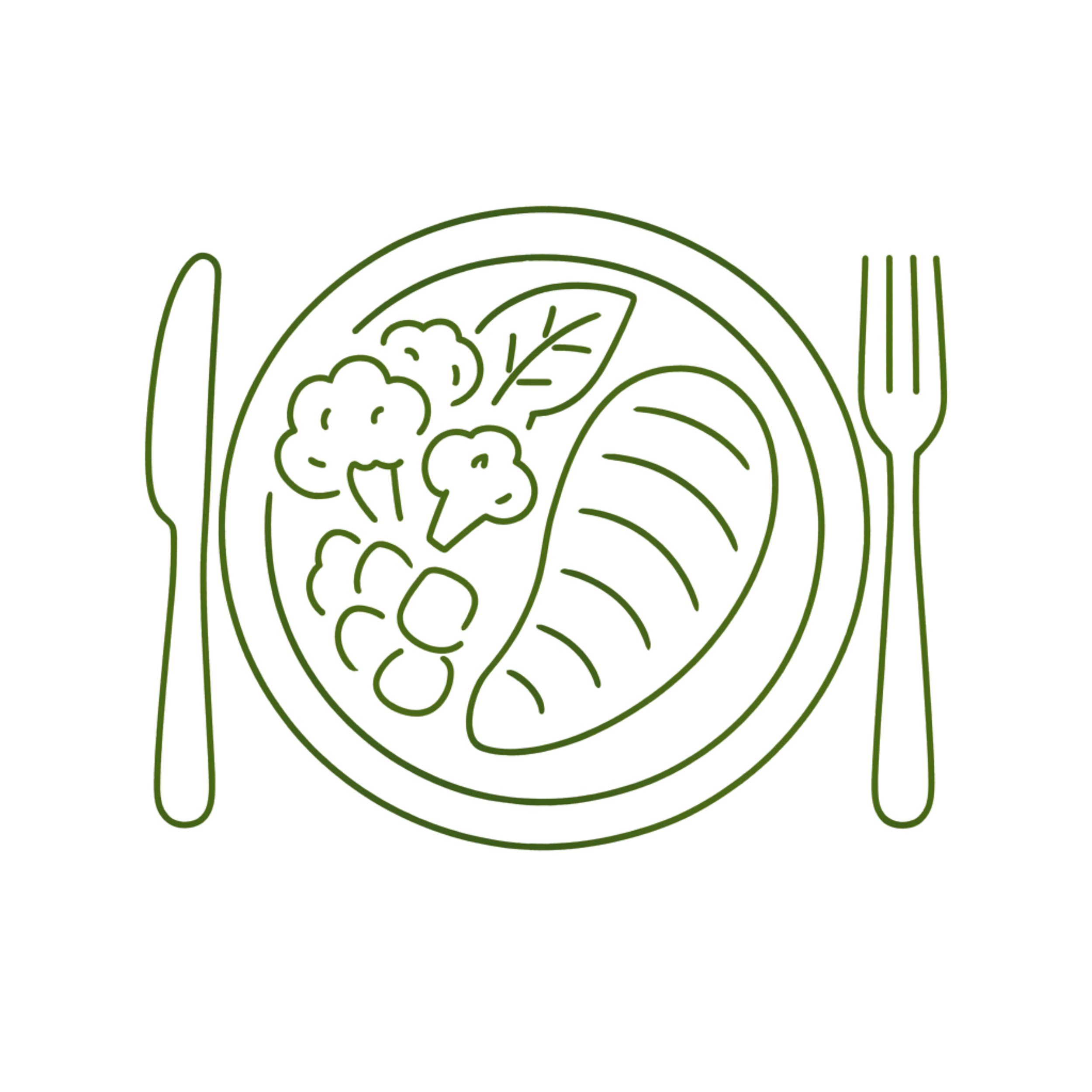 Line drawing of a plate with a divided section containing vegetables, a side salad, and slices of meat, with a knife on the left and a fork on the right.