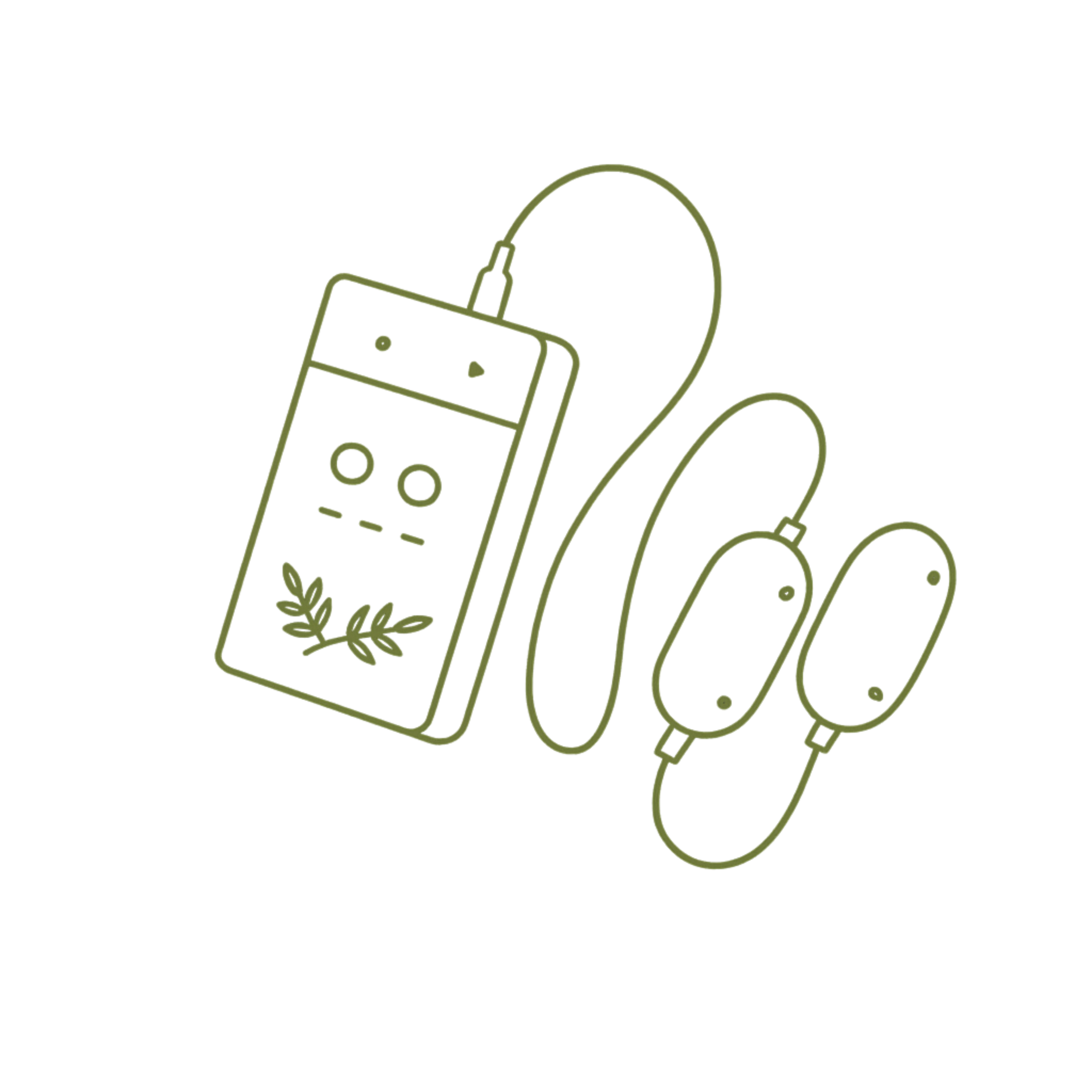 Outline illustration of a hand holding a smartphone with a skincare or wellness app, with a pair of flip-flops nearby.