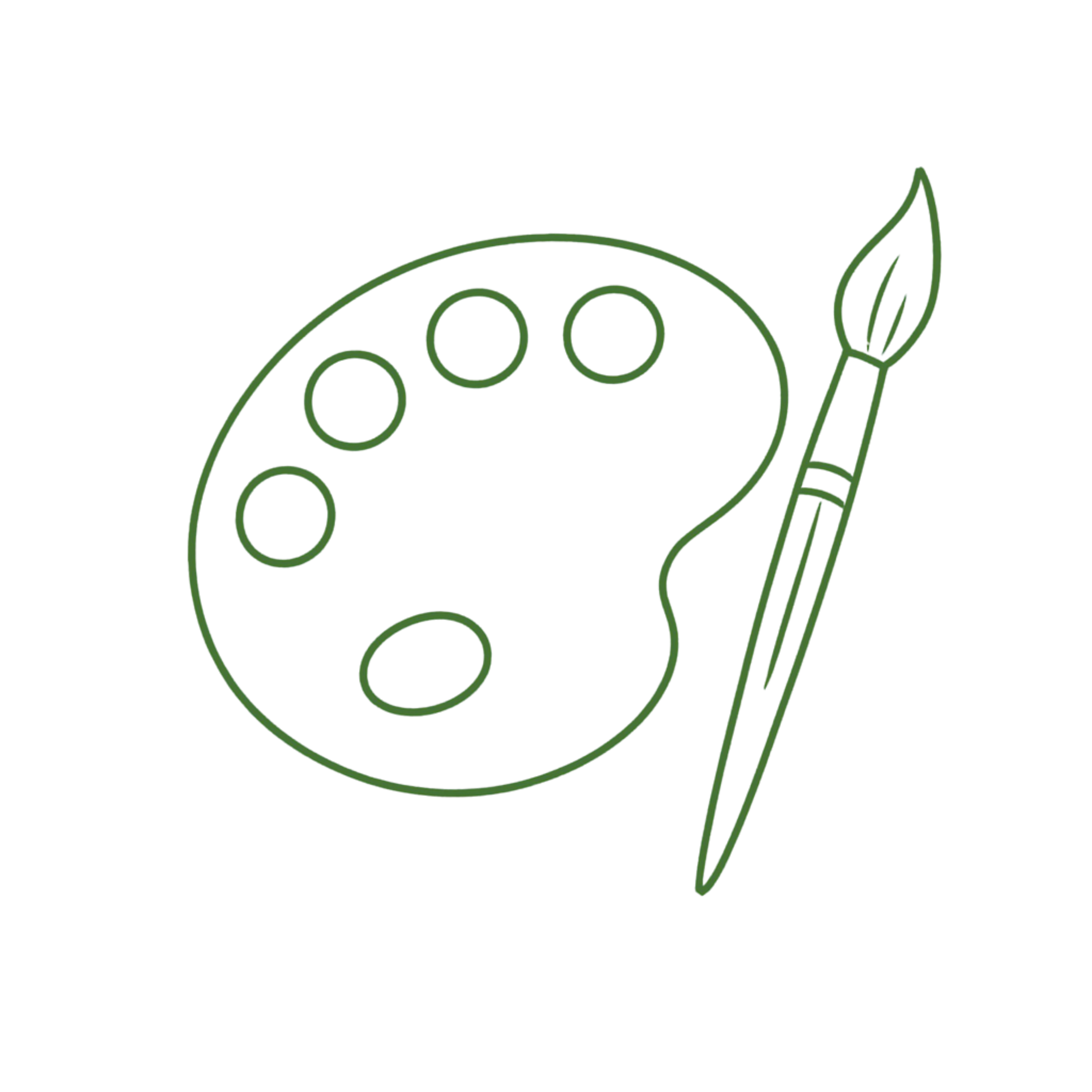 Neon green outline of a painter's palette with six circular wells and a paintbrush next to it.