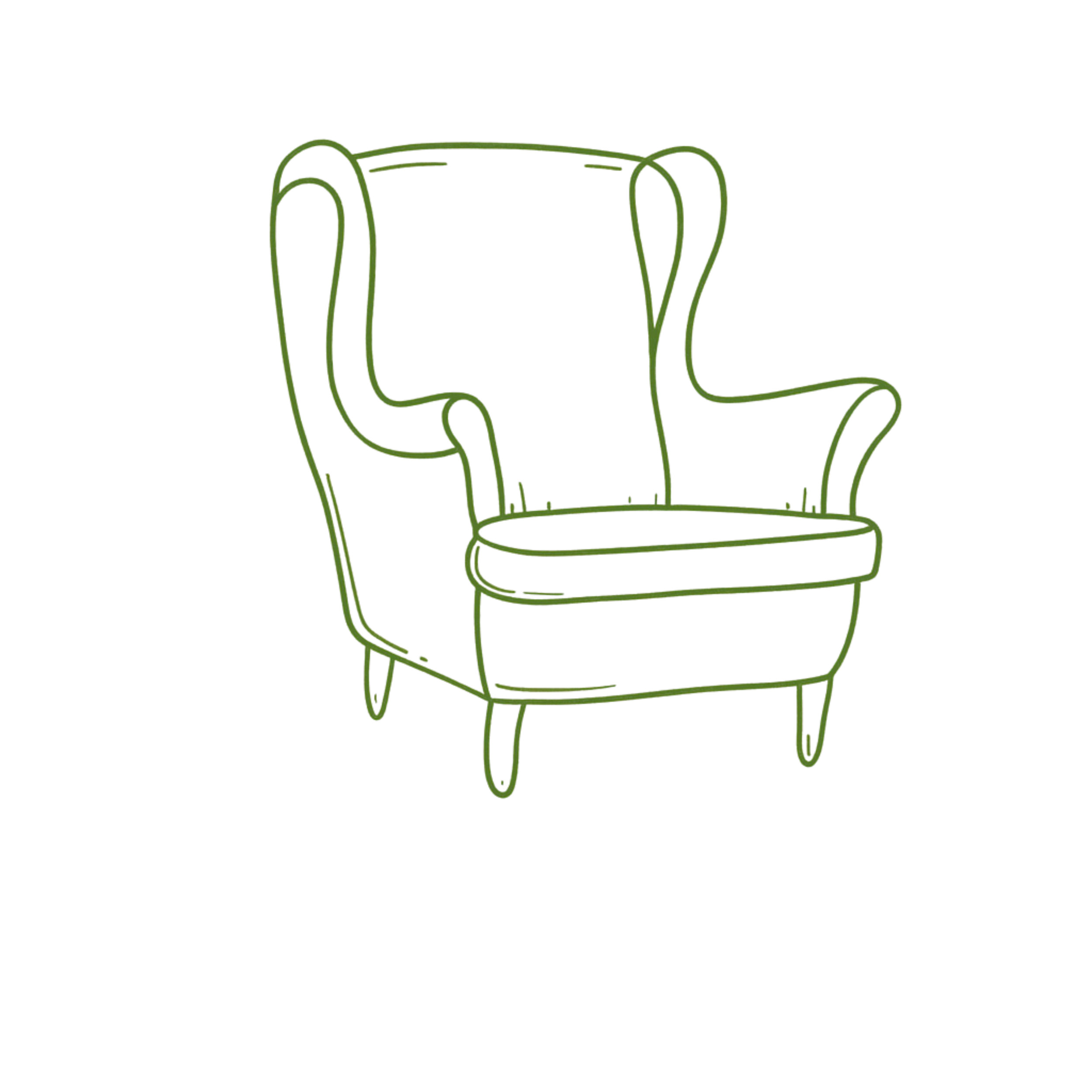 Outline drawing of a vintage armchair with a high back and curved armrests.