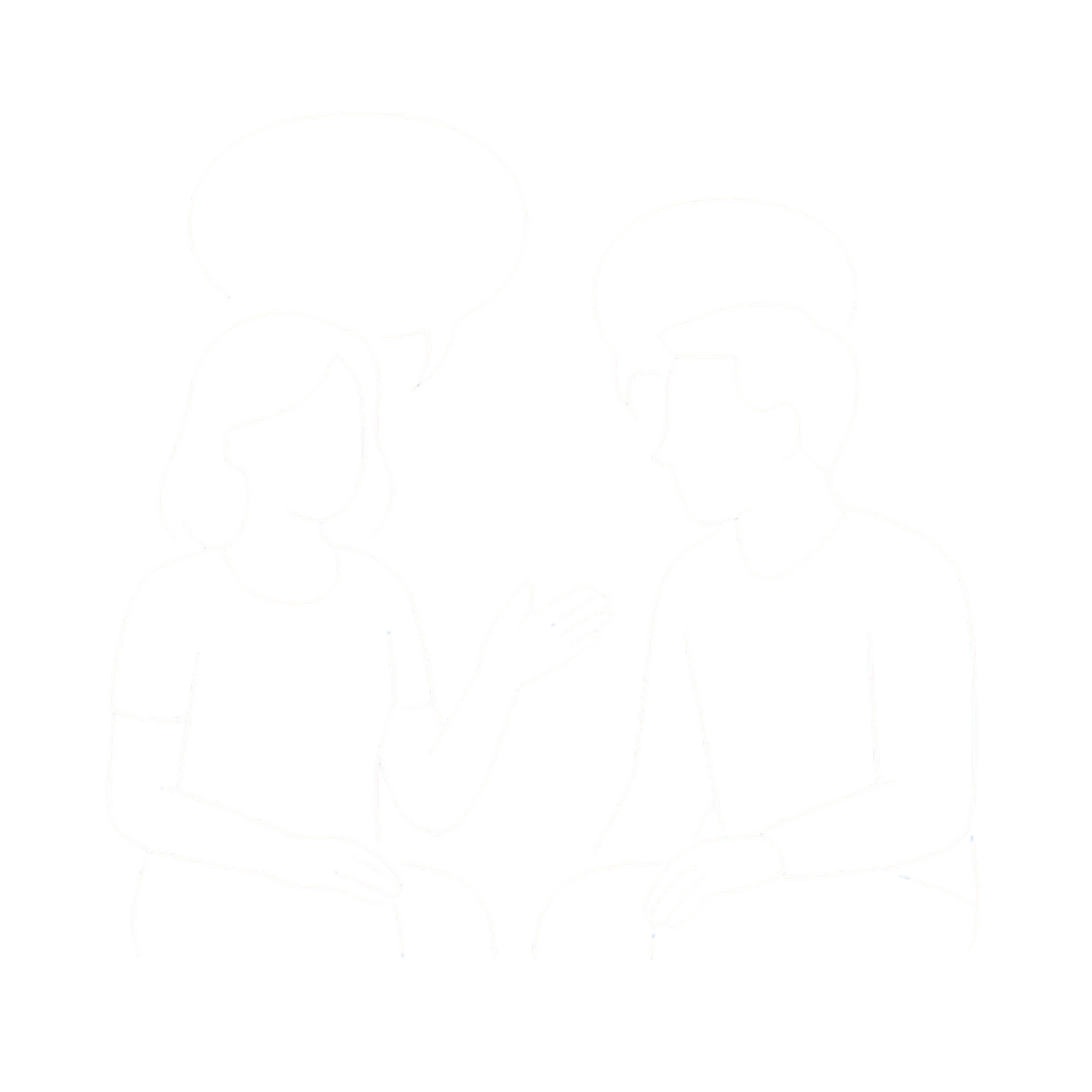 Simplified outline drawing of a woman talking to a man, with speech bubble above her head, both wearing casual clothes and glasses.