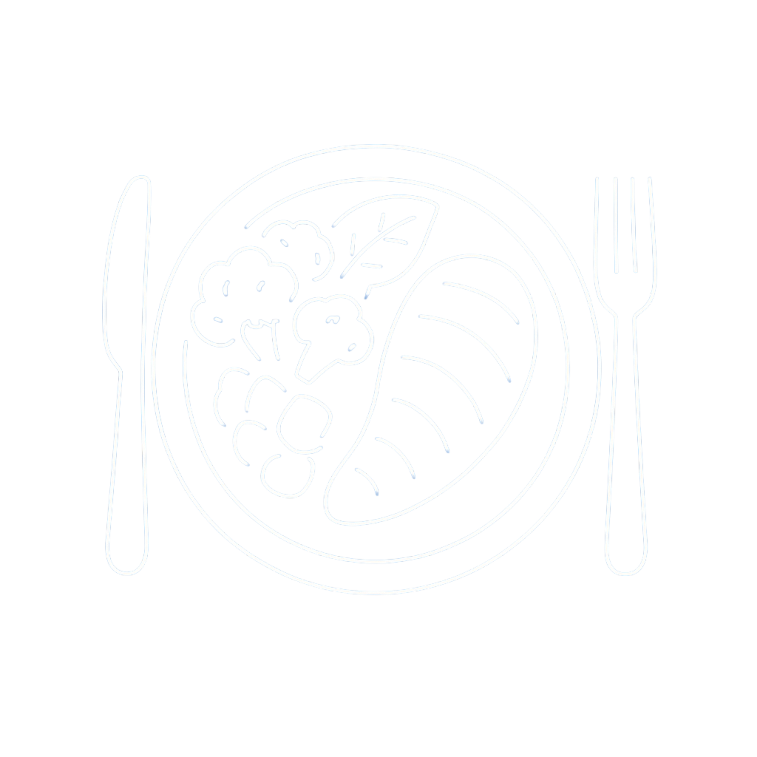 Neon outline of a plate with vegetables, a fork on the left, and a knife on the right, against a dark background.