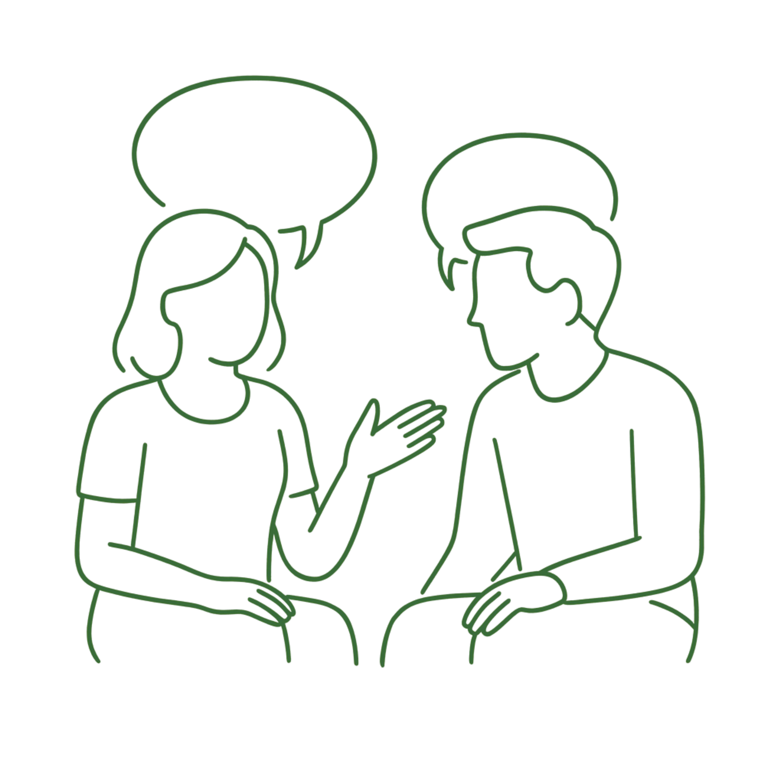 Neon outline of a woman and a man engaged in conversation, with speech bubbles above their heads in a dark background.